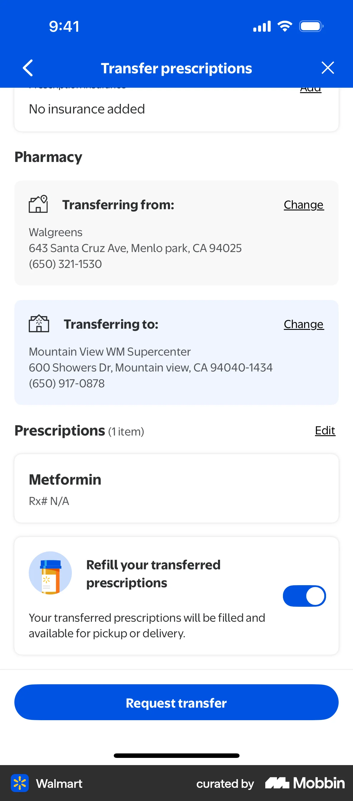 Walmart Requesting prescription transfer screen