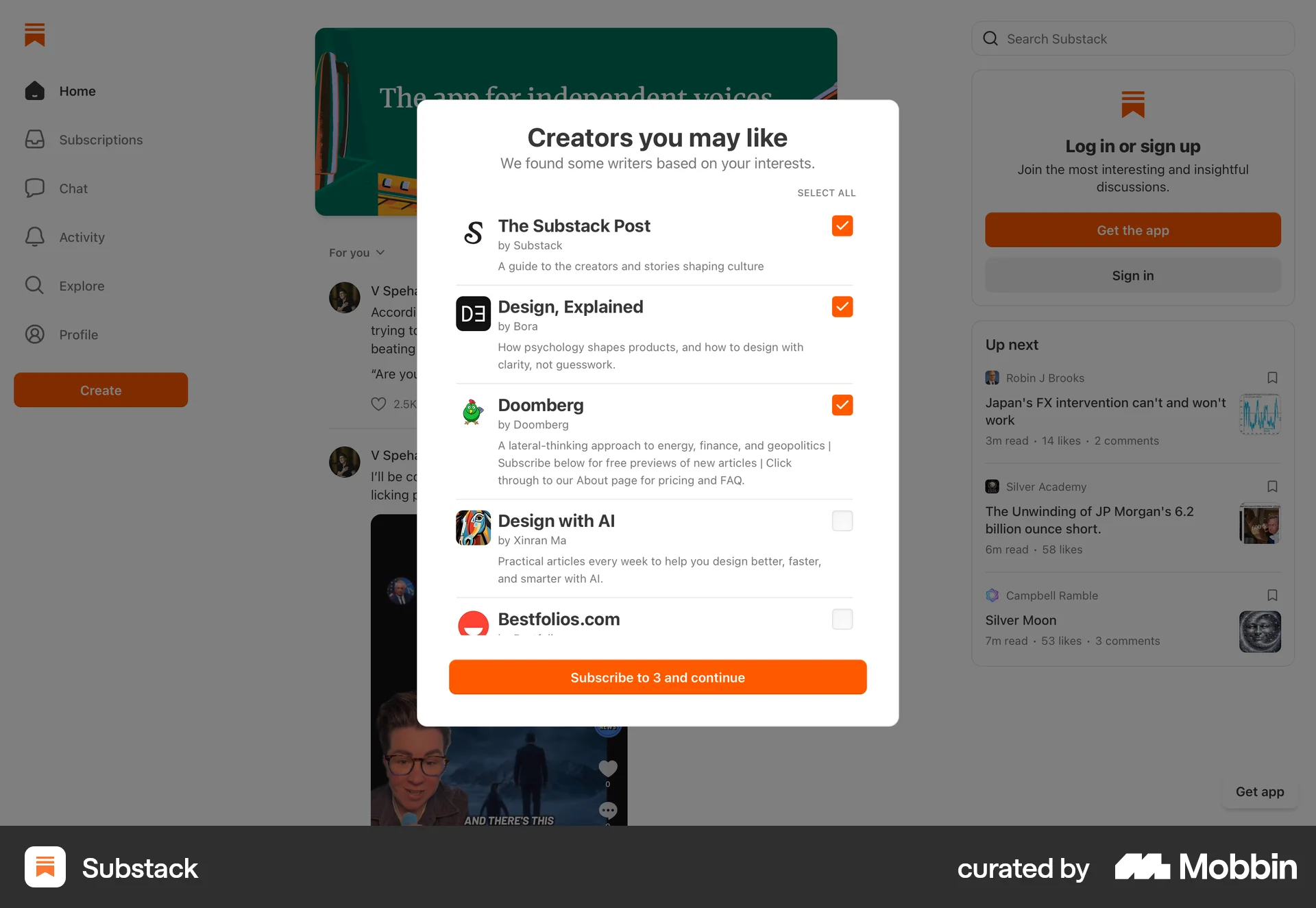 Substack Onboarding screen