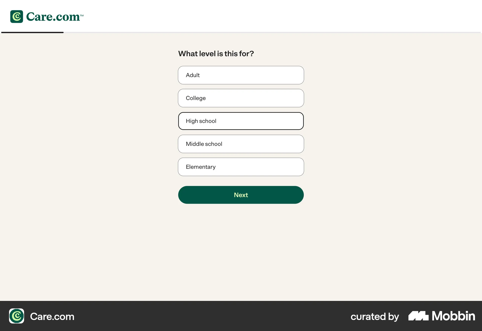 Care.com Onboarding (Find care) screen