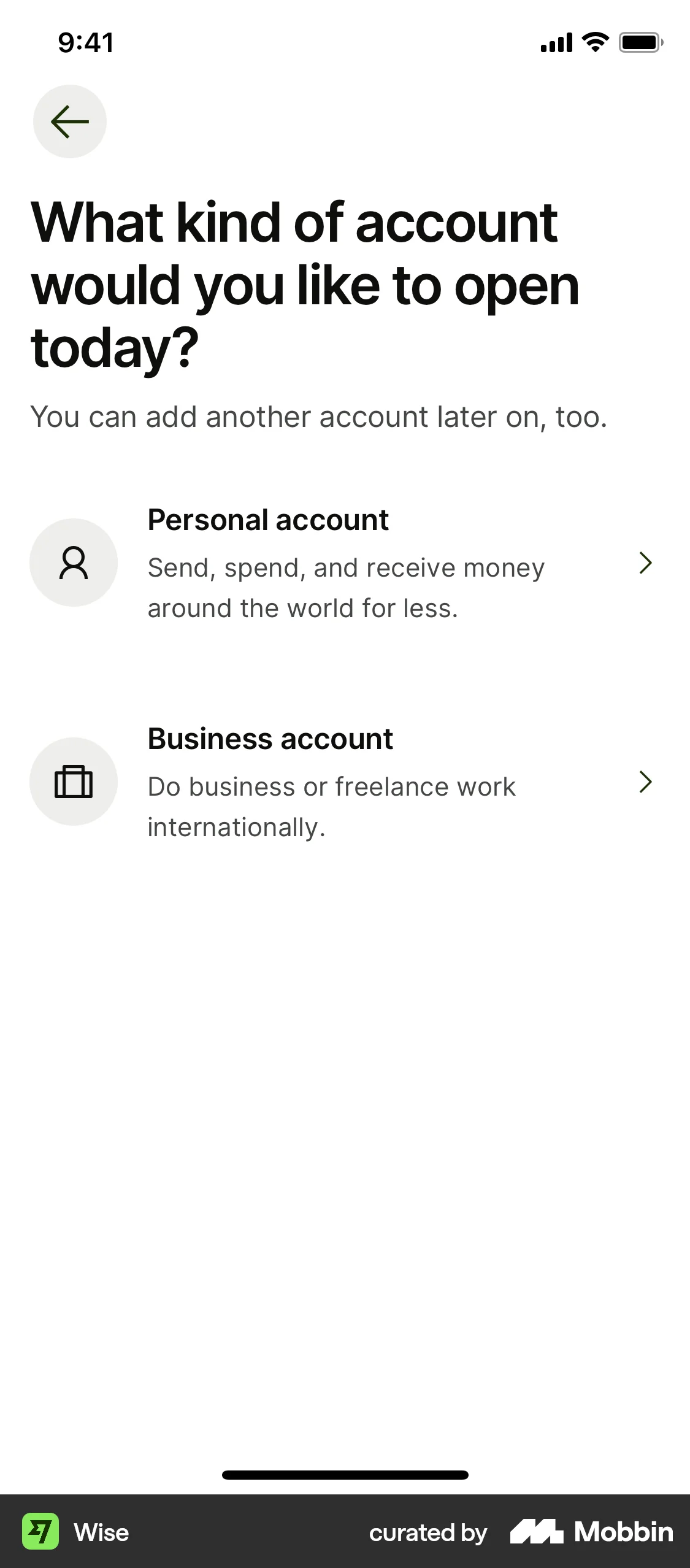 Wise Onboarding screen