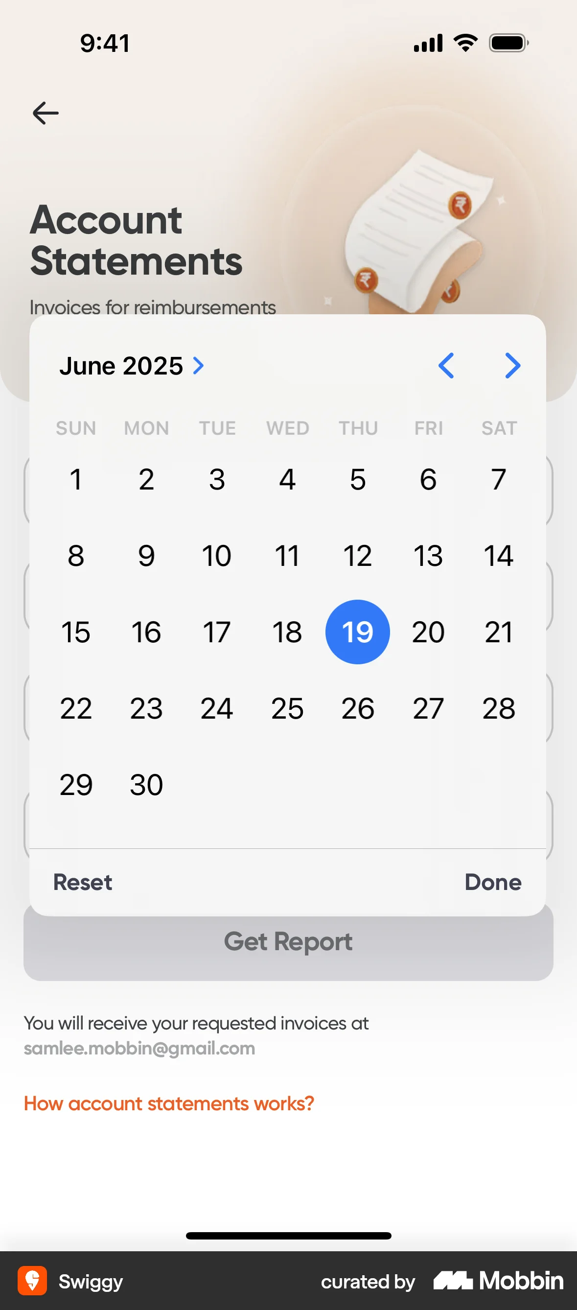 Swiggy Requesting an account statement screen