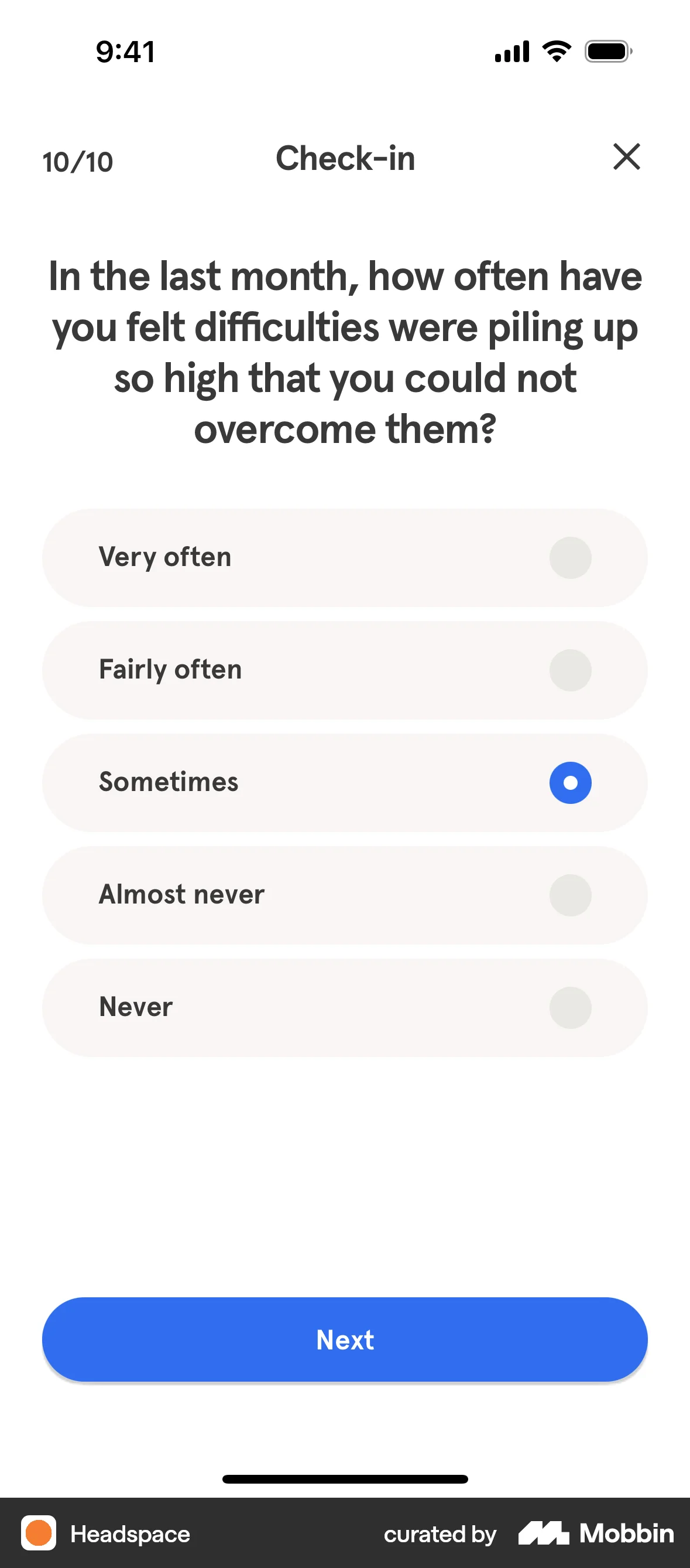 Headspace iOS Quiz screen