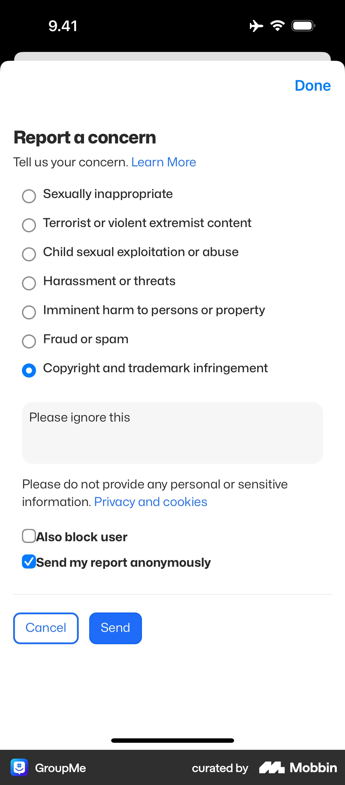 GroupMe iOS screen containing Checkbox UI element