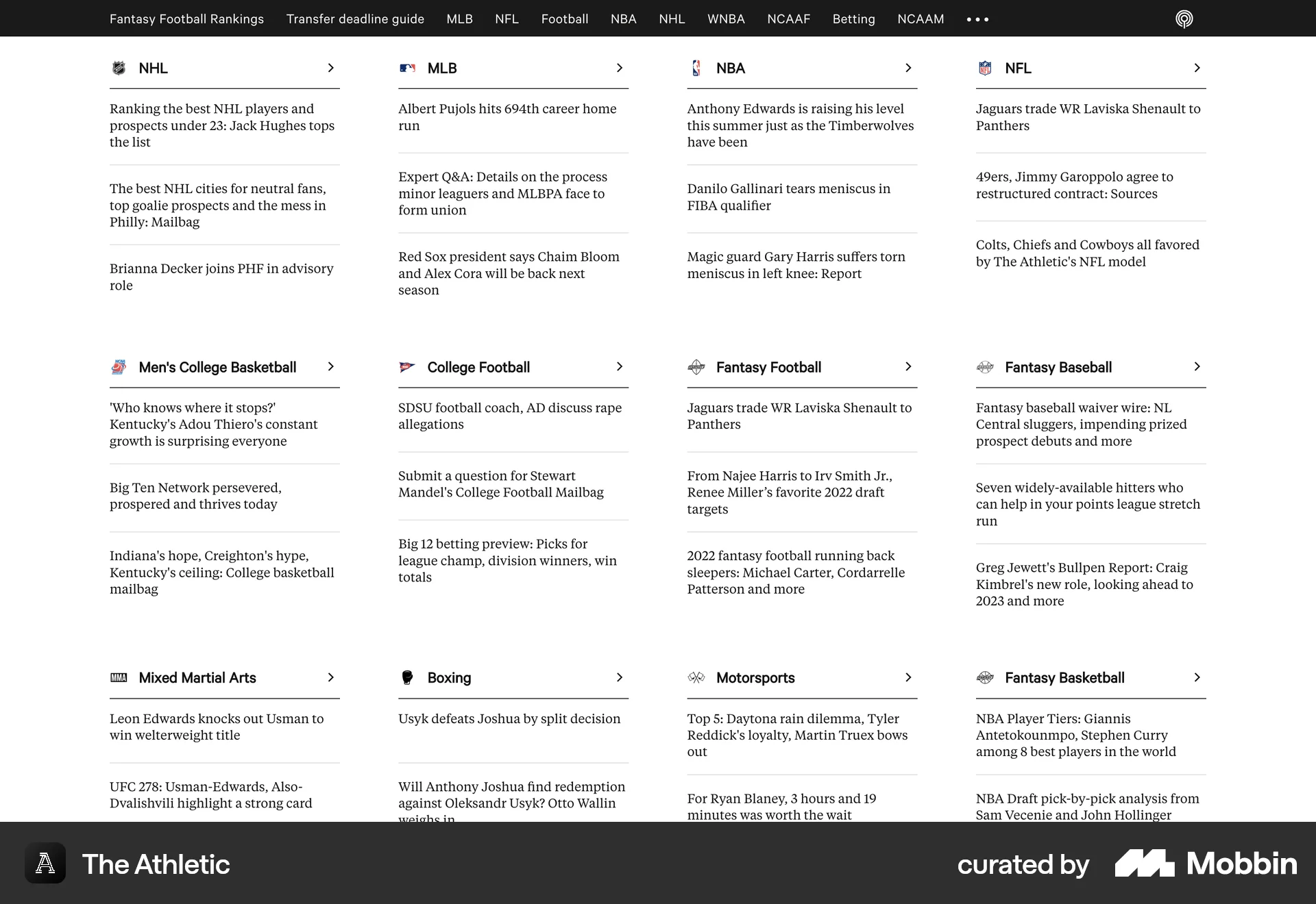 The Athletic Web News Feed screen