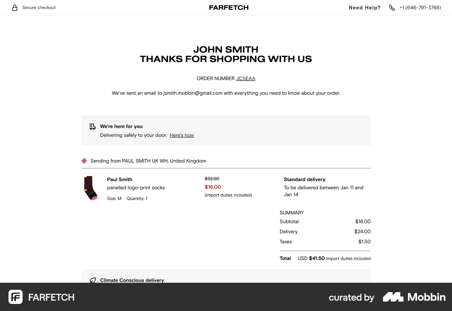 FARFETCH Web Order Confirmation screen