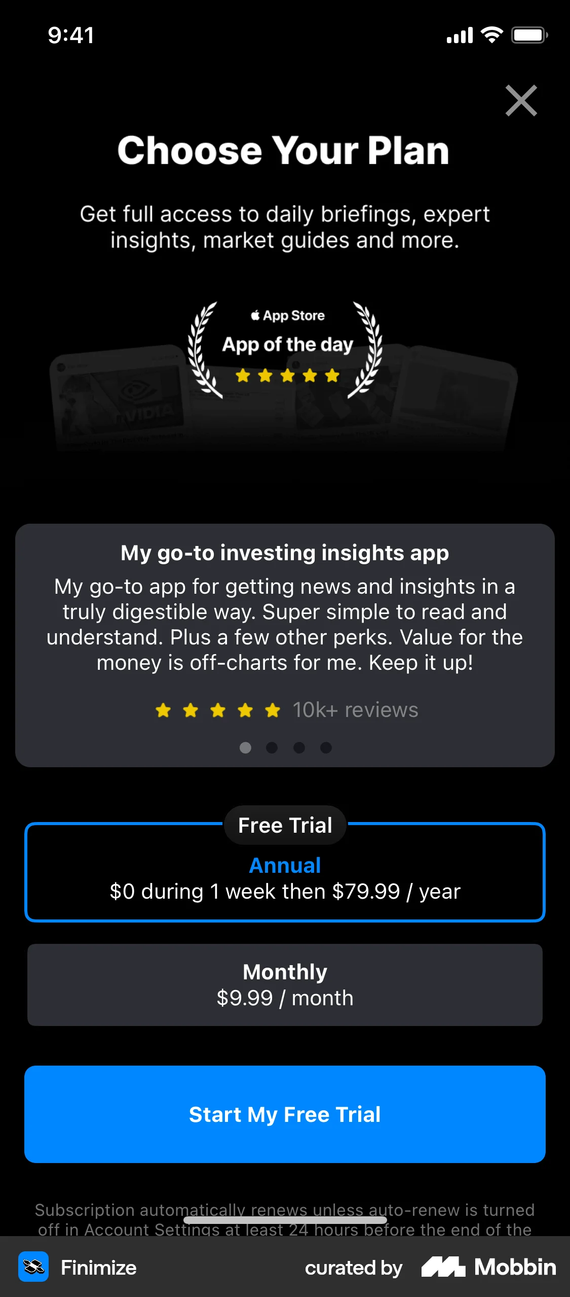 Finimize iOS screen containing Full-Screen Overlay UI element