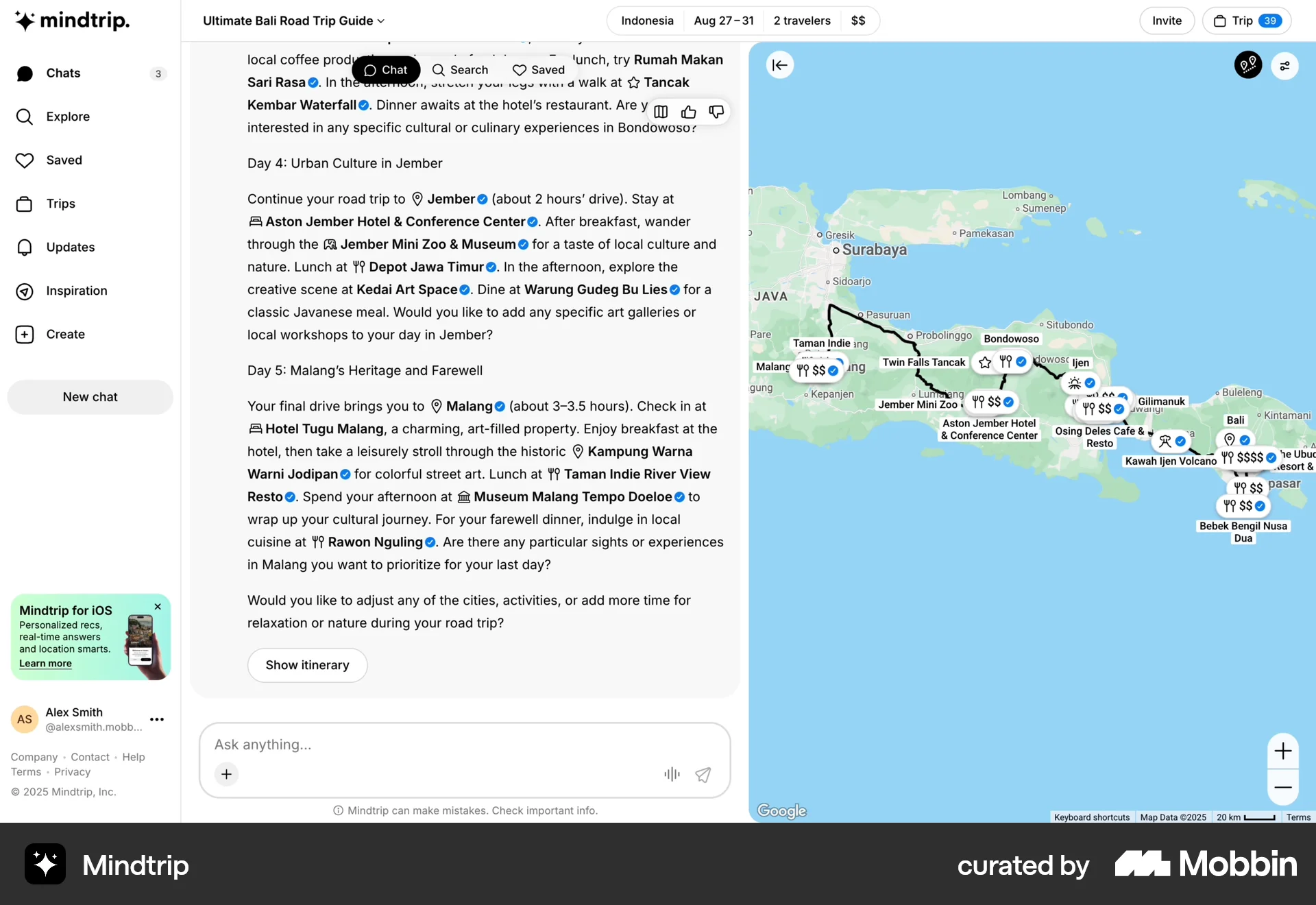 Mindtrip Web Action Option screen