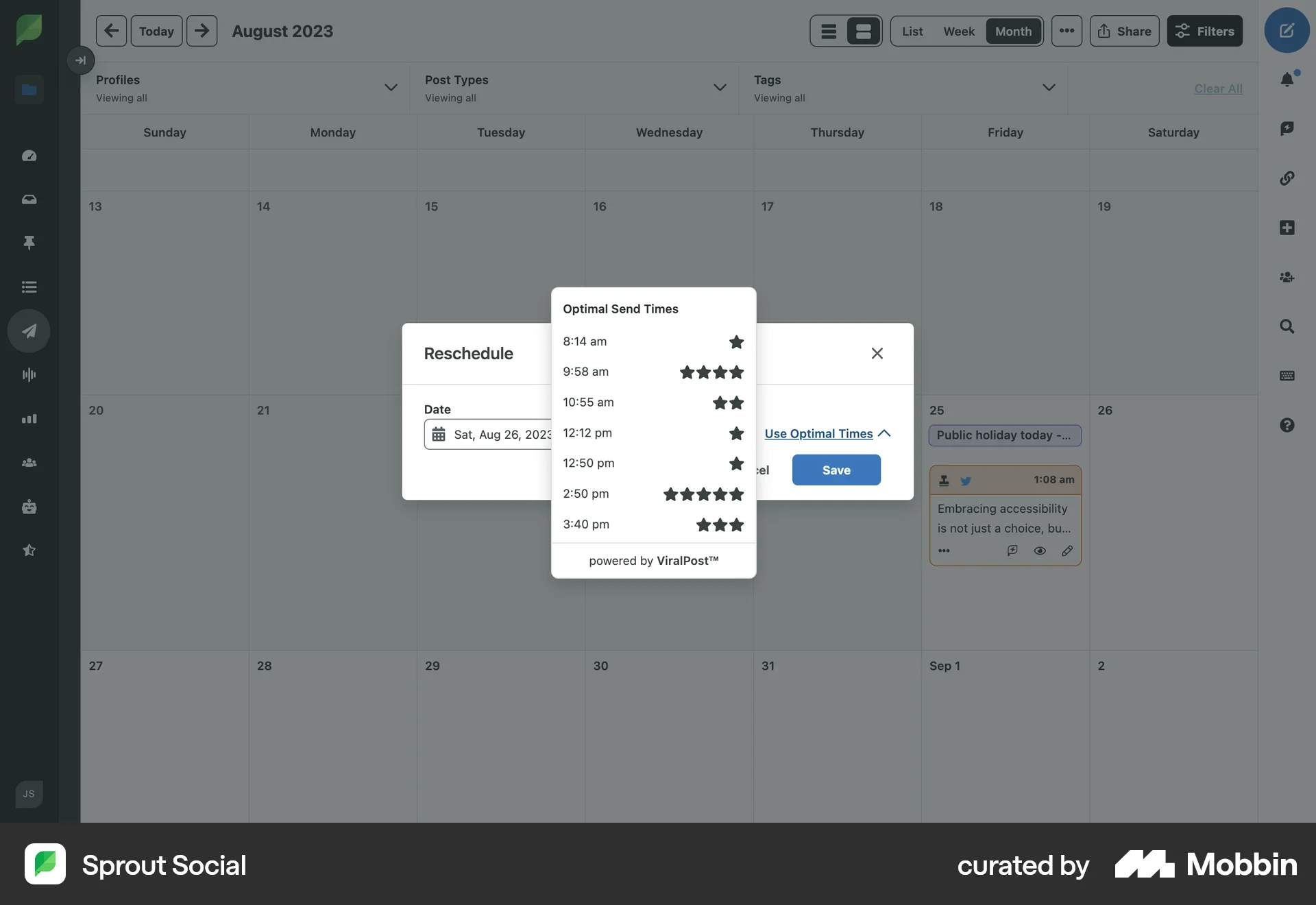 Sprout Social Web screen containing Time Picker UI element