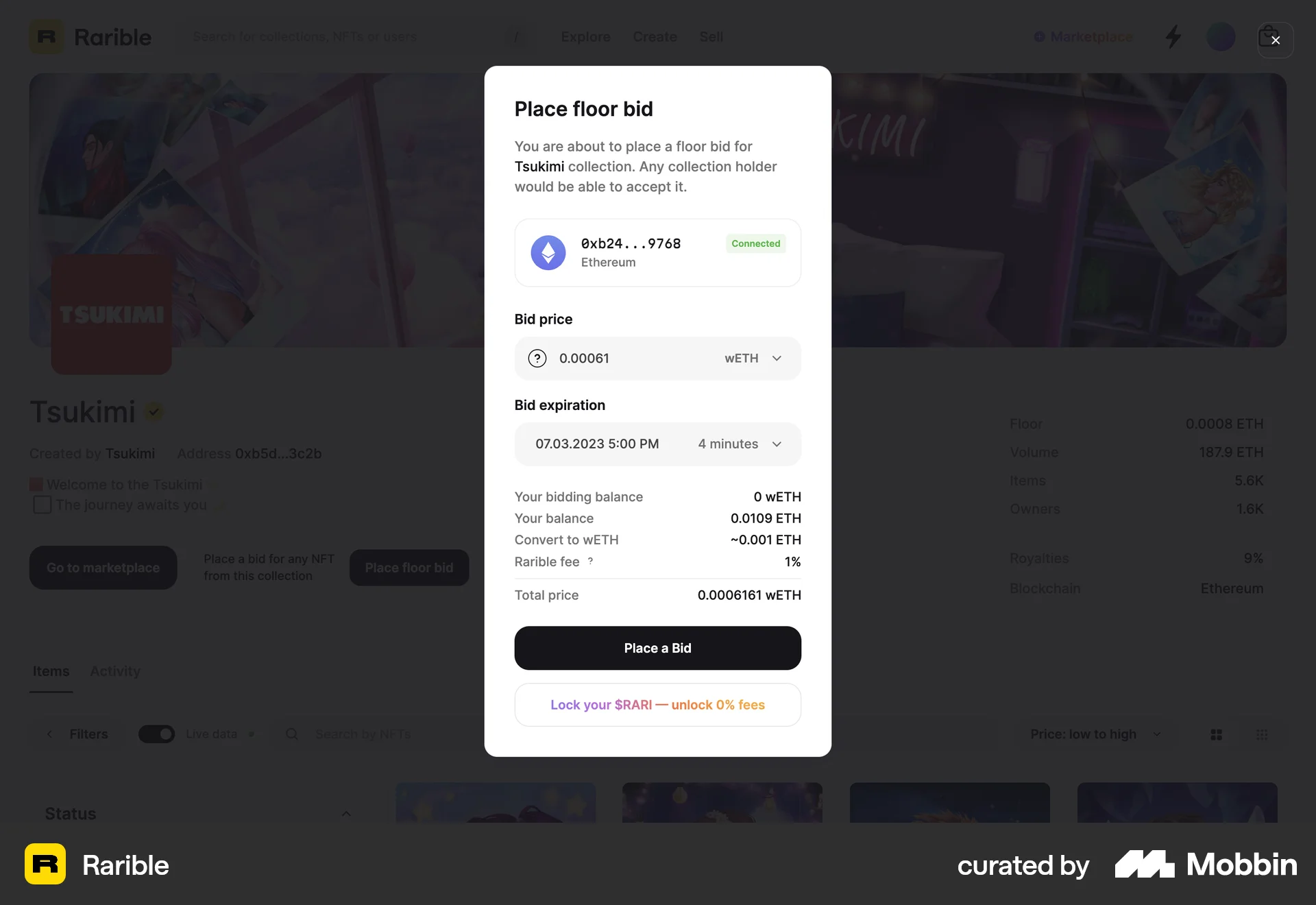 Rarible Web Wallet & Balance screen