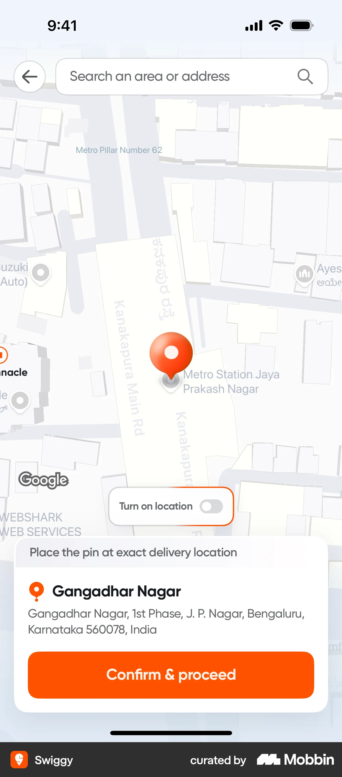 Swiggy iOS screen containing Map Pin UI element