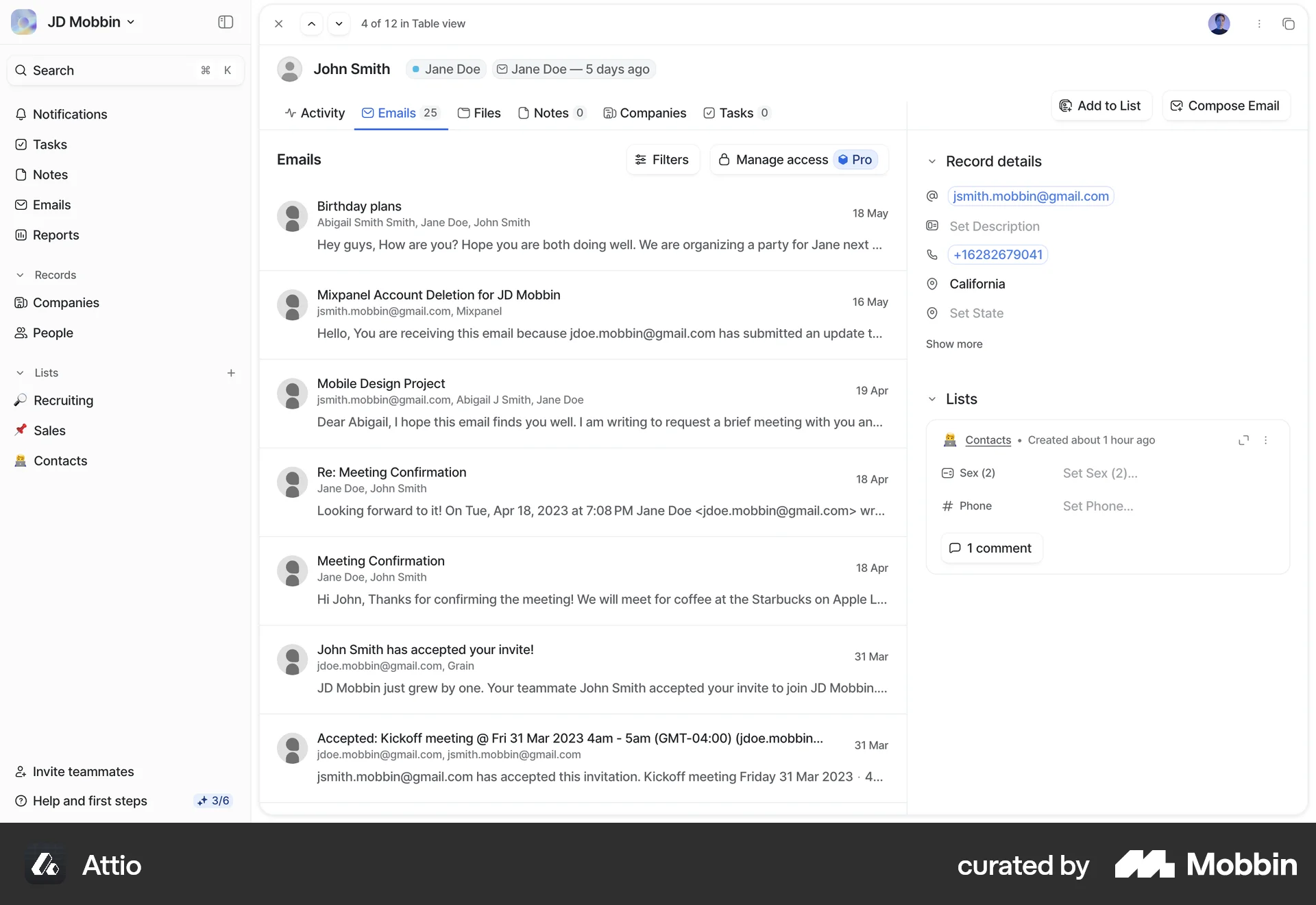 Attio Web Emails & Messages screen