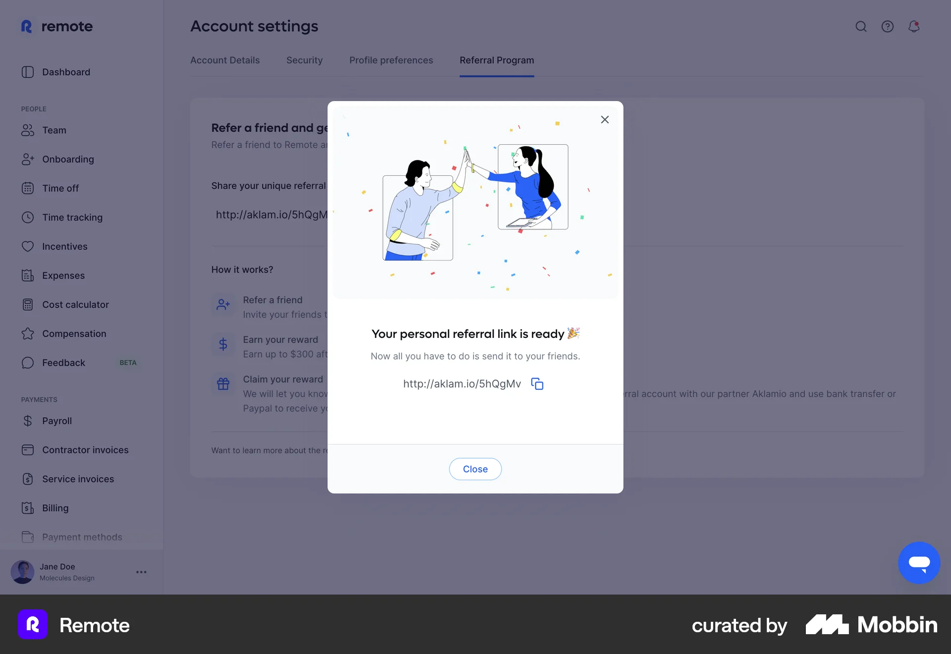 Remote Web Invite & Refer Friends screen