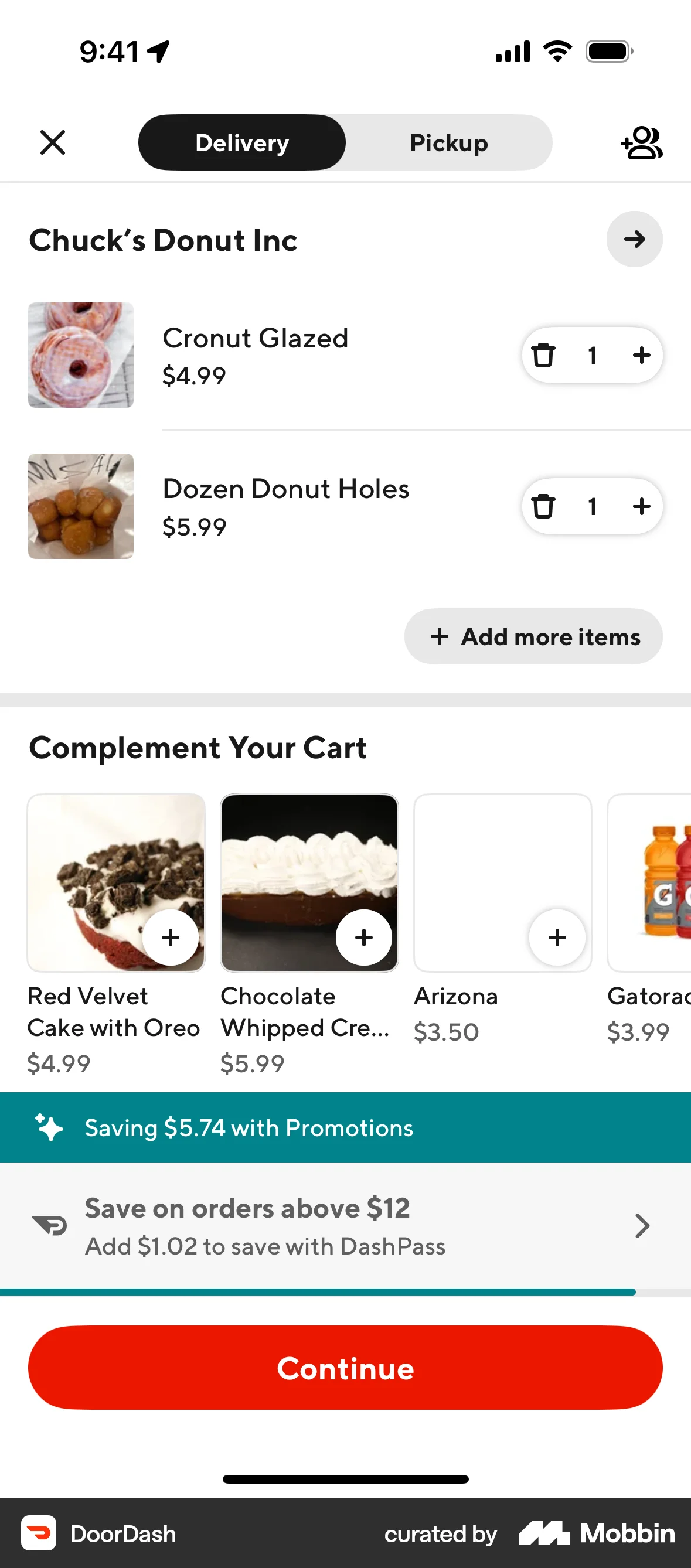 DoorDash iOS Mobile Shopping Cart screen