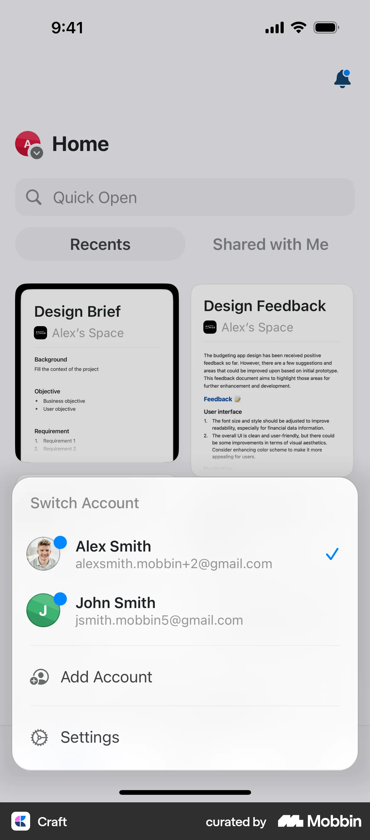 Craft Switching account screen