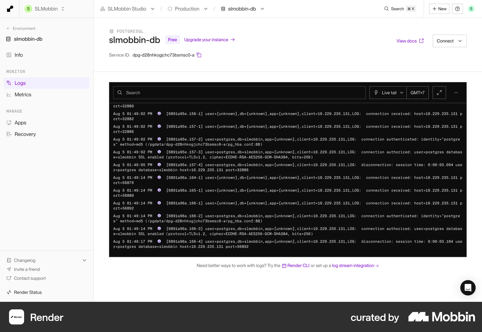 Render Web Log Dashboard screen