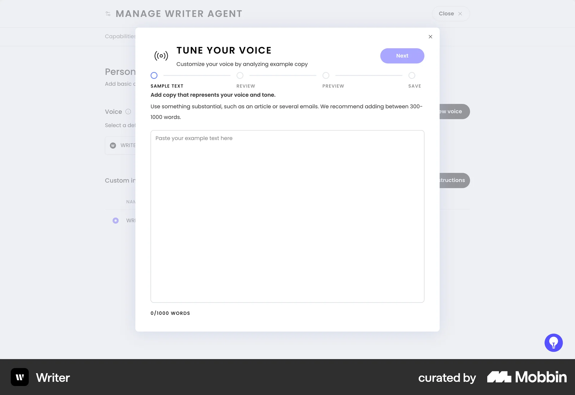 WRITER Web screen containing Modal UI UI element