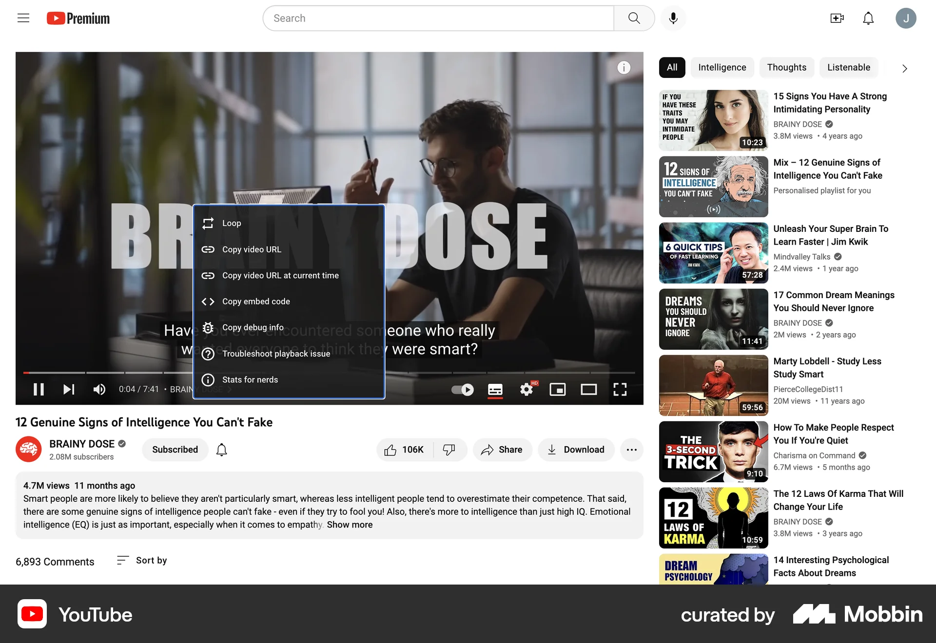 YouTube Web screen containing Context Menu UI element