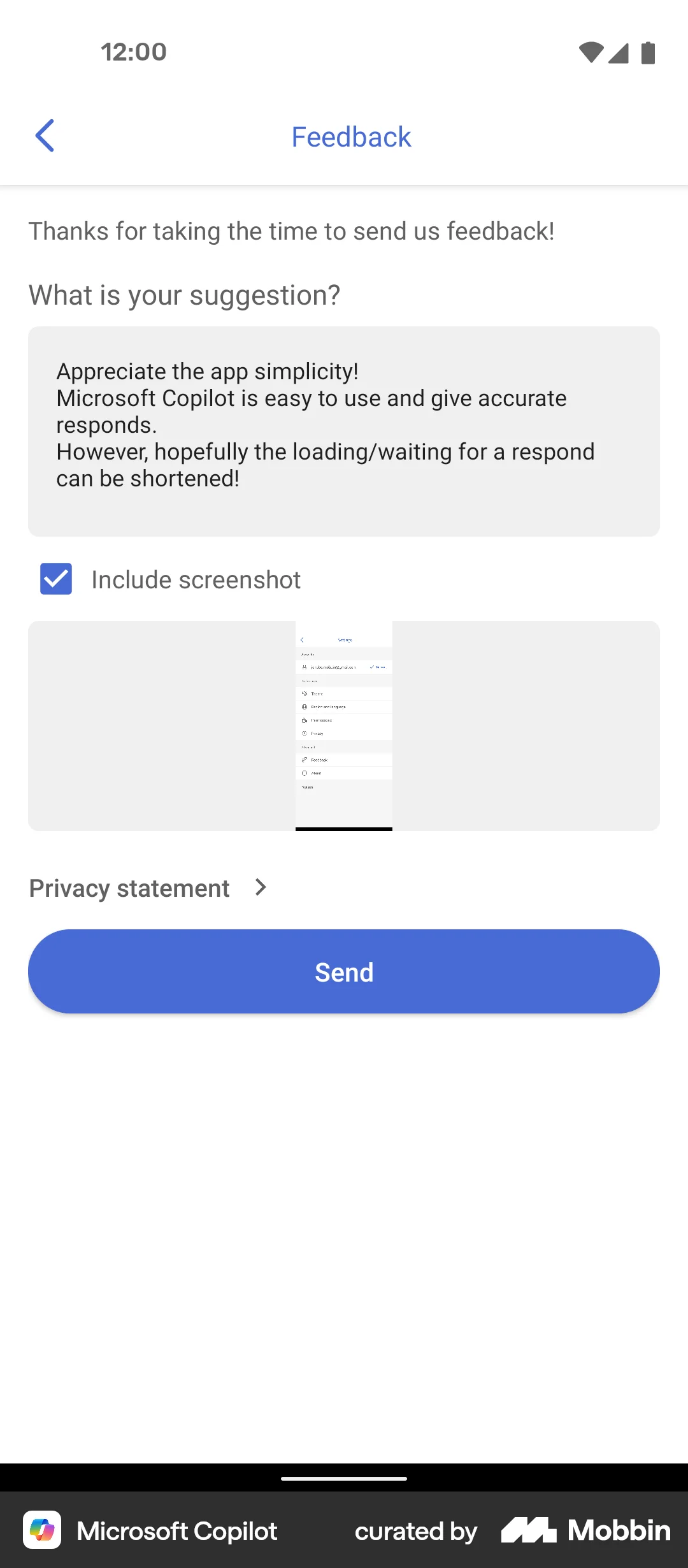 Microsoft Copilot Android Feedback screen