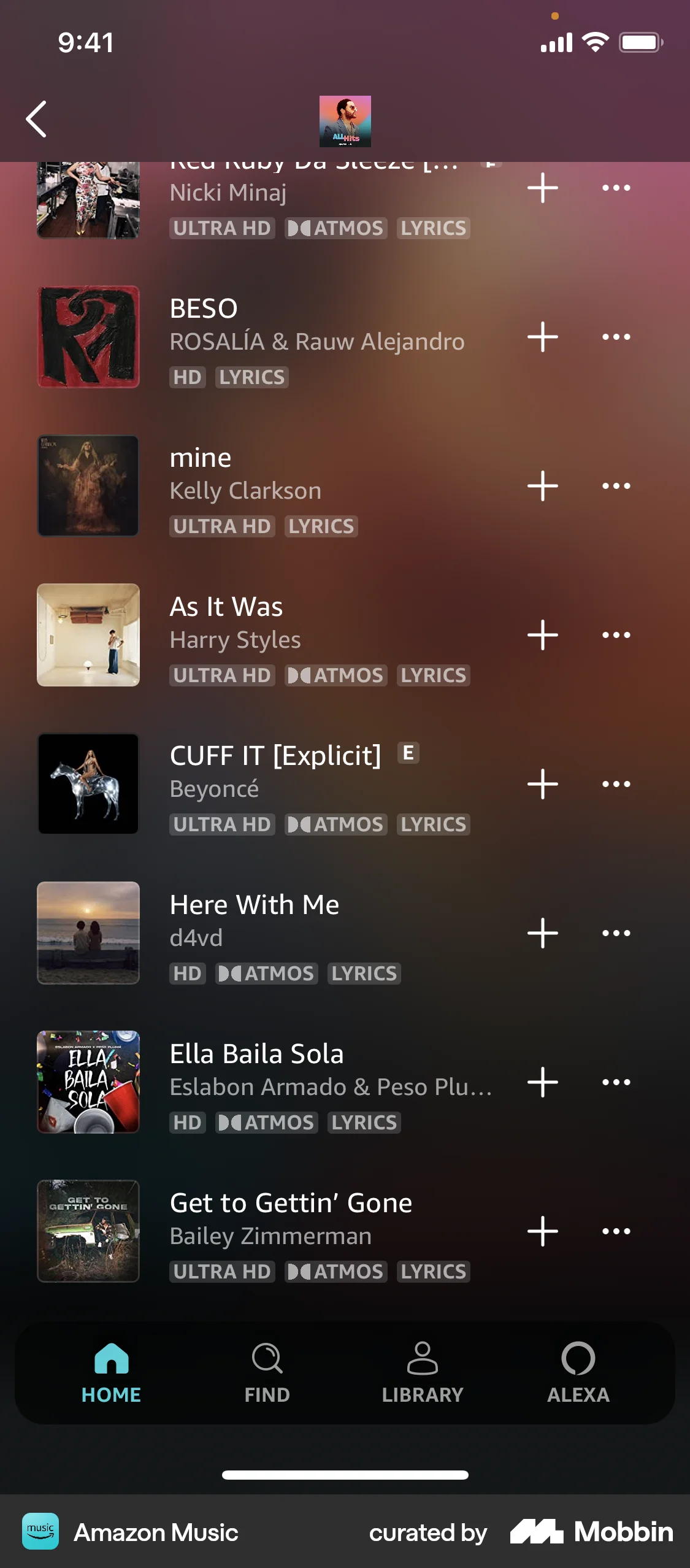 Amazon Music iOS Playlists screen
