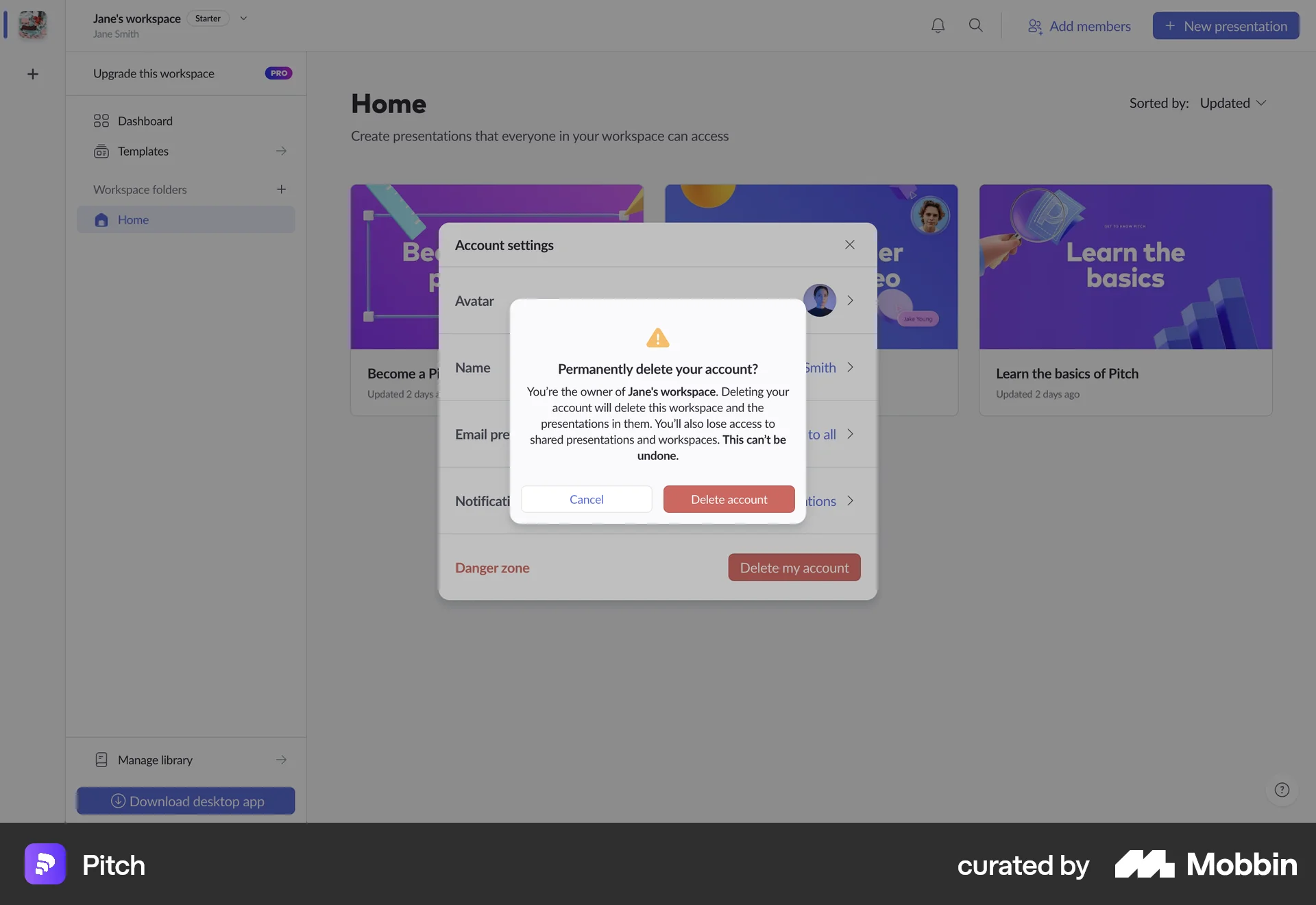 Pitch Web Delete & Deactivate Account screen