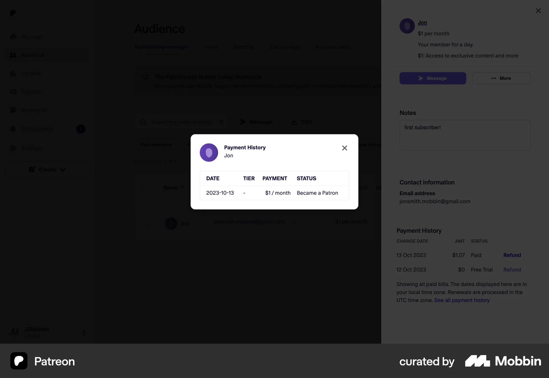 Patreon Web Order History screen