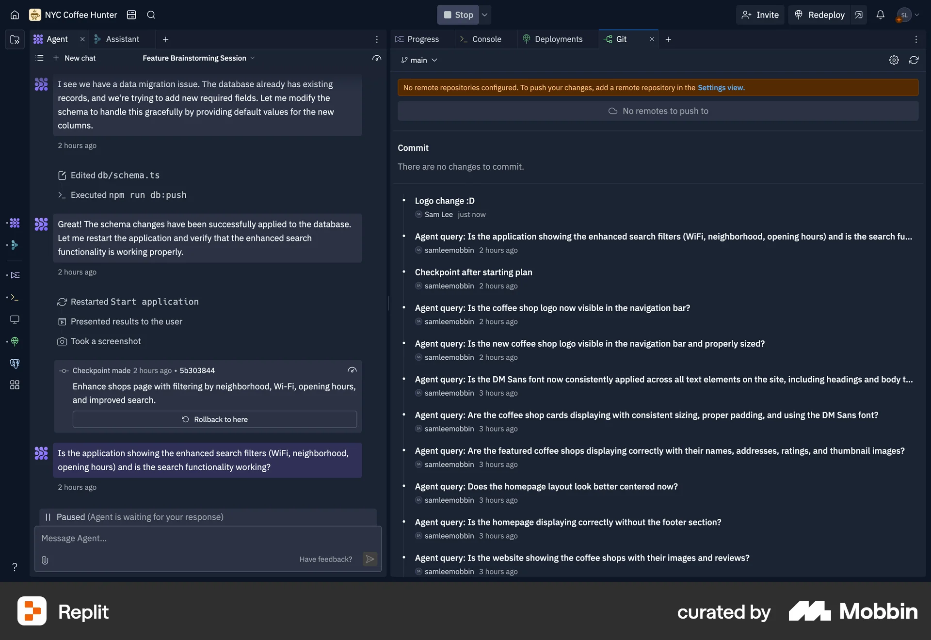 Replit Web Timeline & History screen
