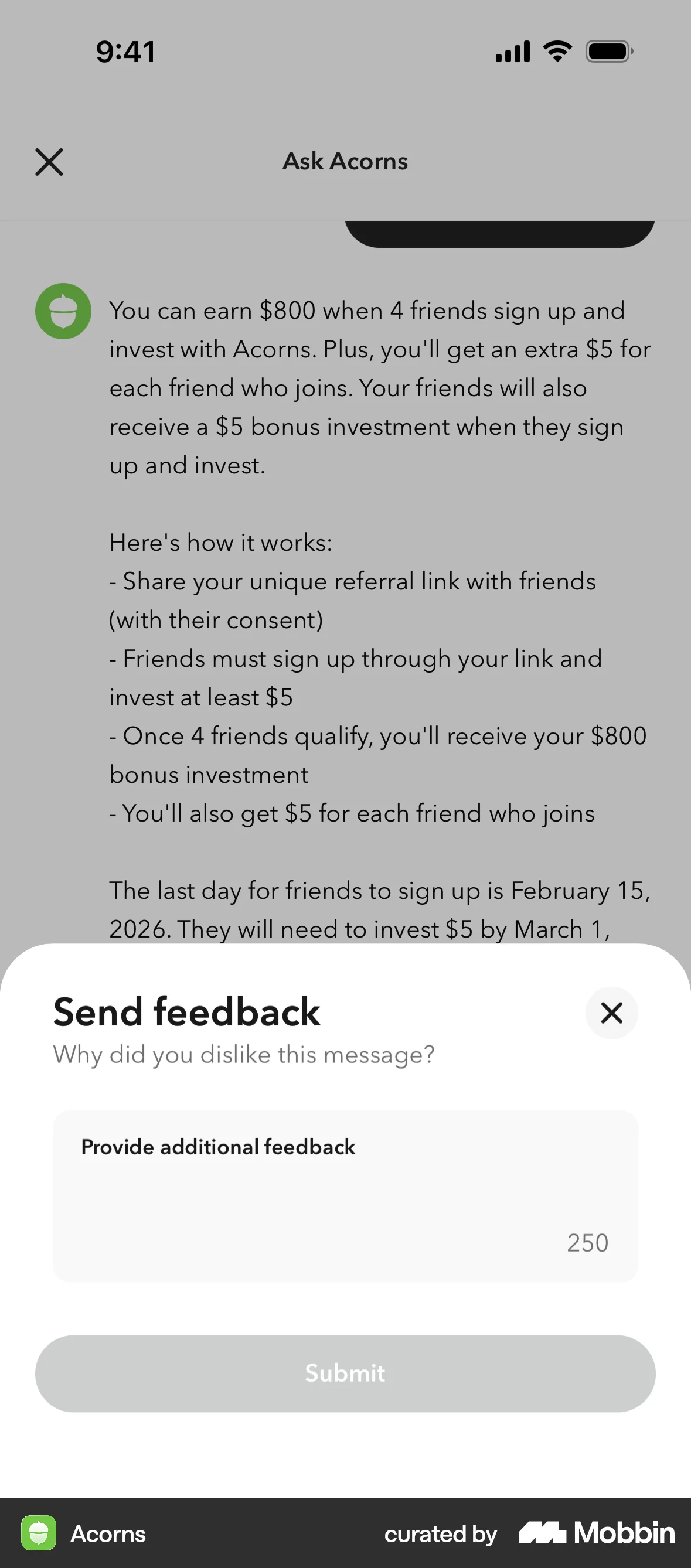 Acorns iOS Feedback screen