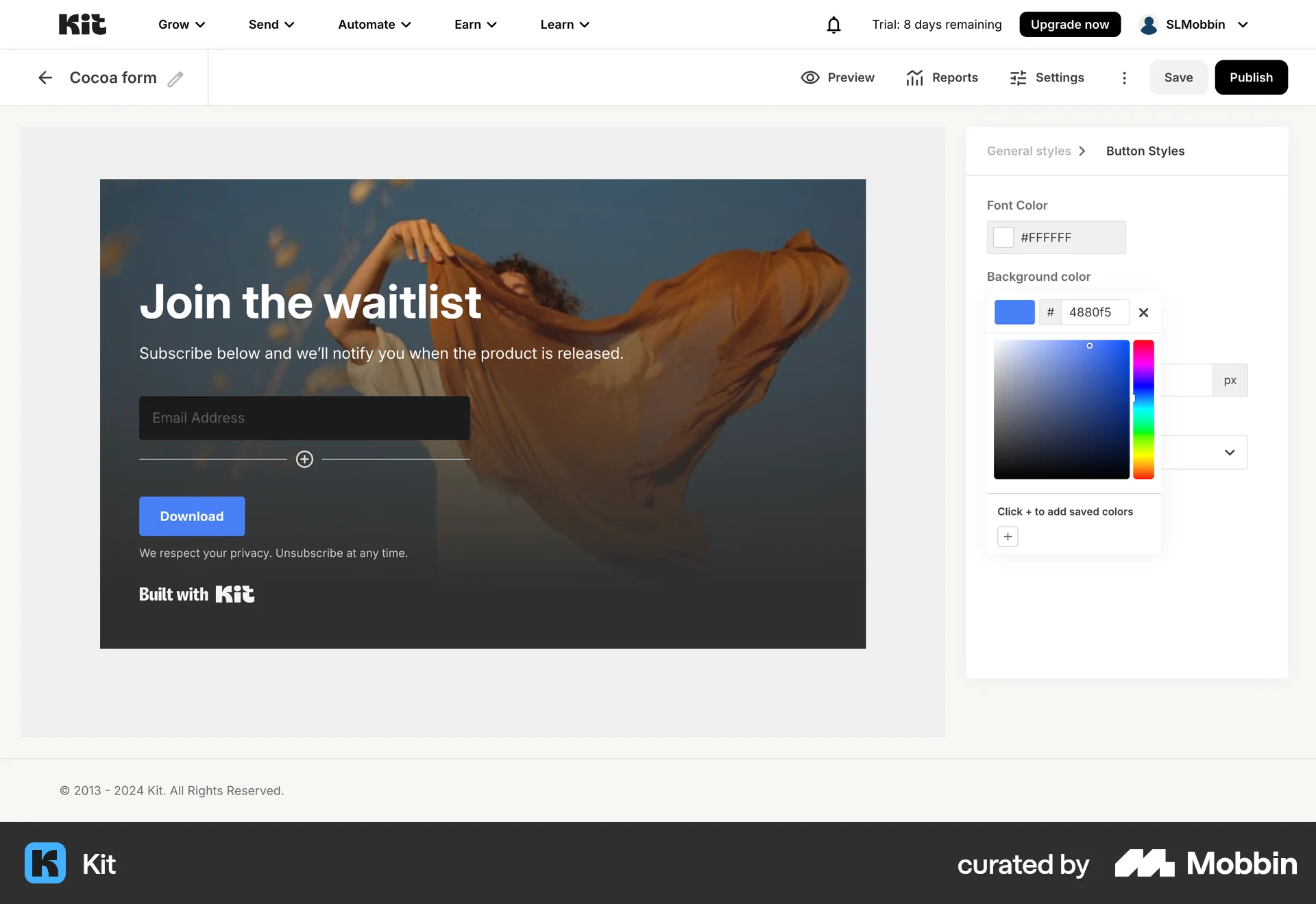 Kit Web screen containing Color Picker UI element