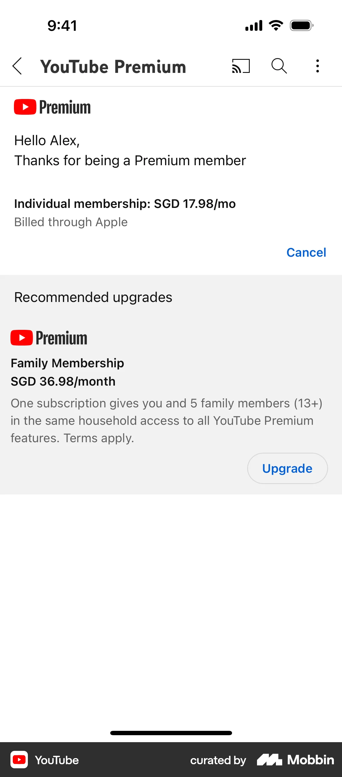 YouTube iOS Billing screen