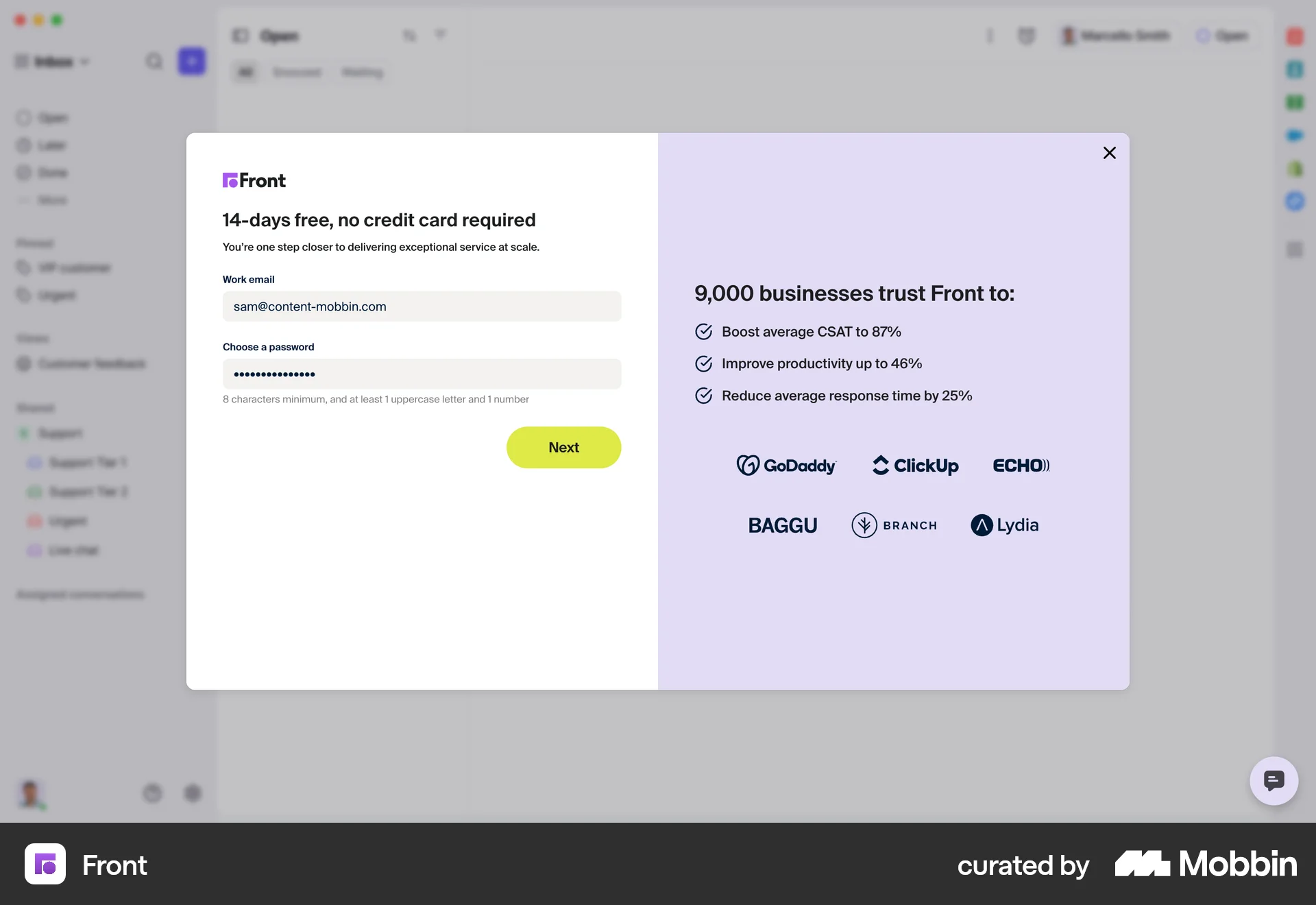 Front Web Signup screen