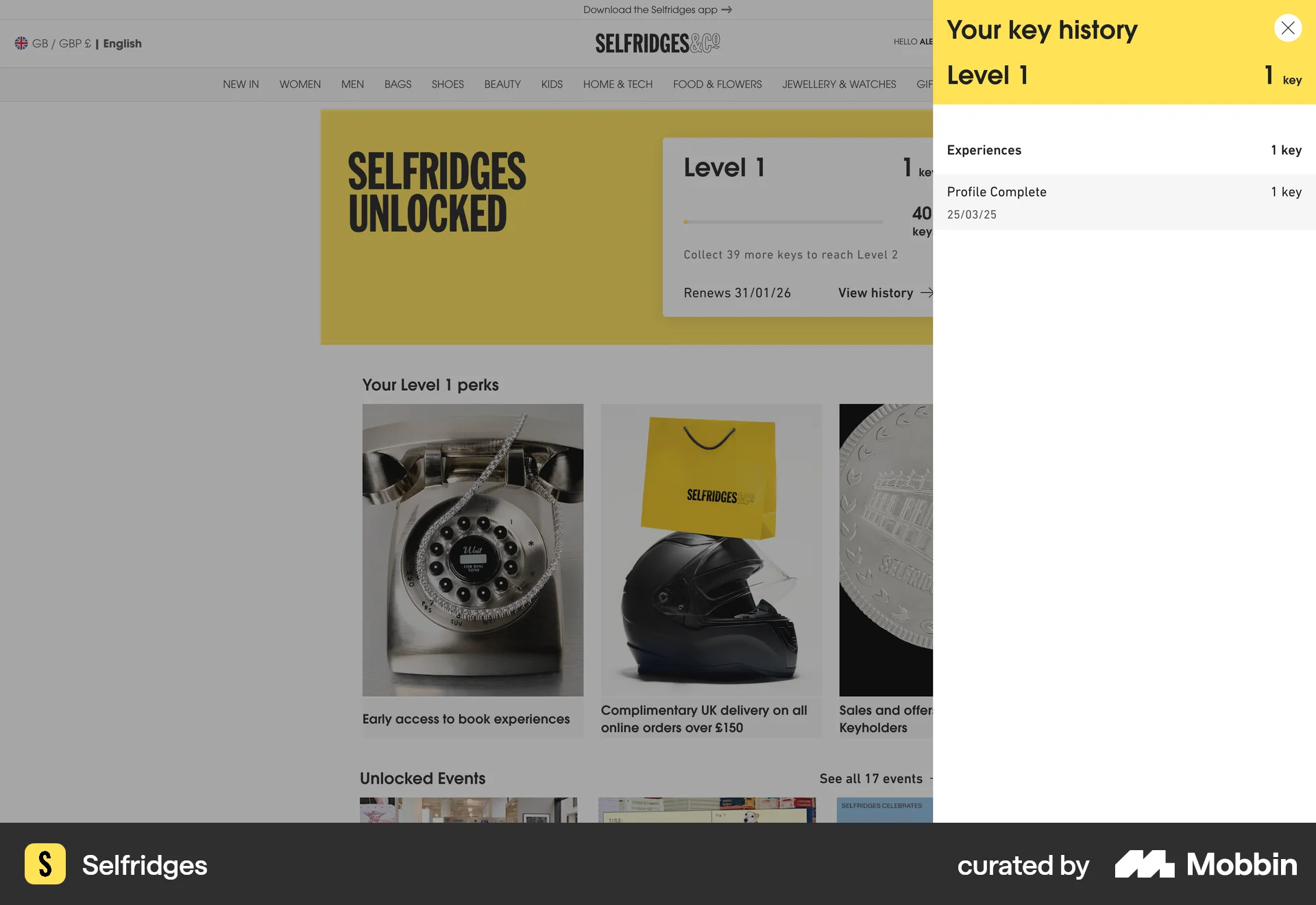 Selfridges Web Timeline & History screen
