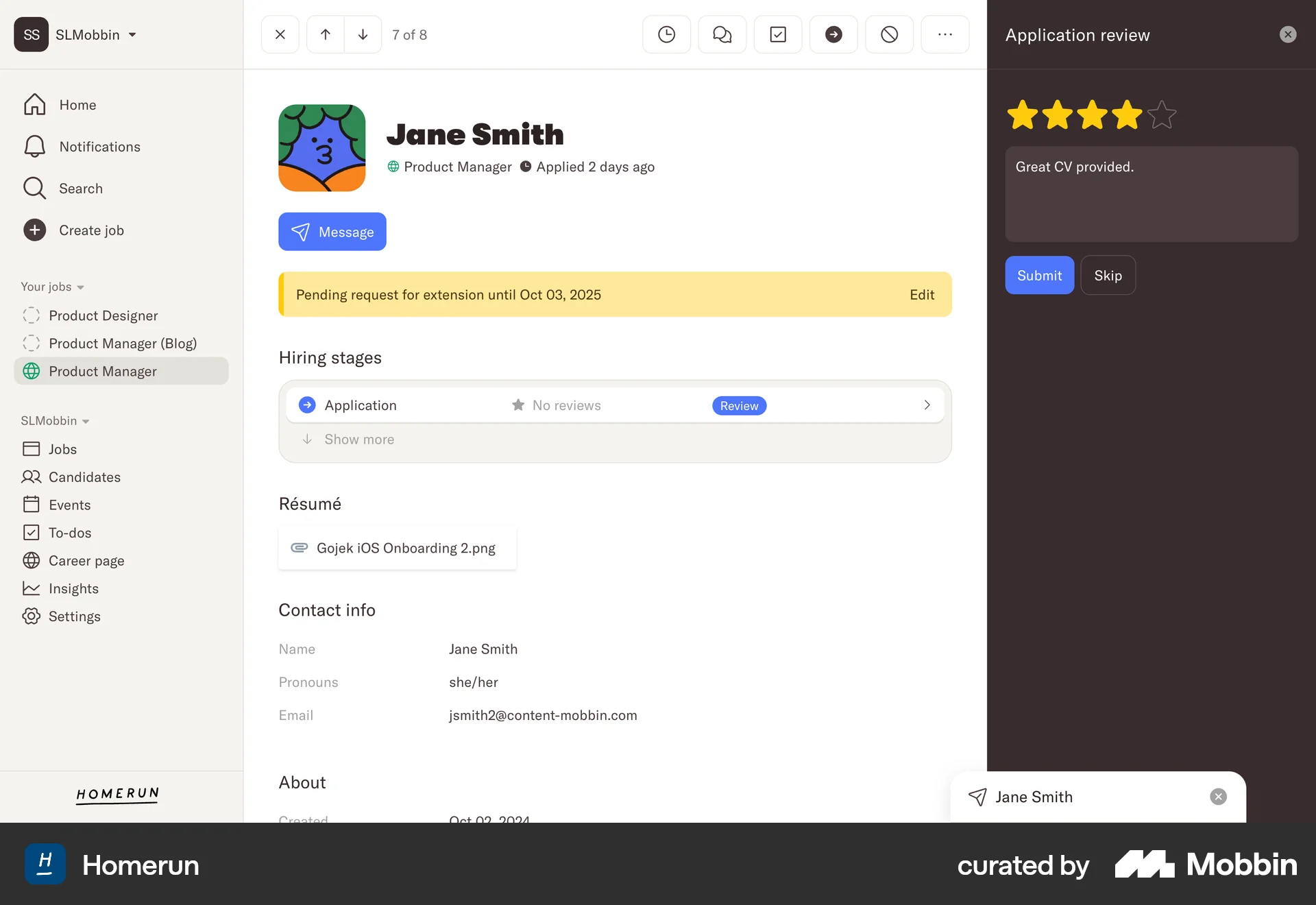 Homerun Web screen containing Rating Control UI element