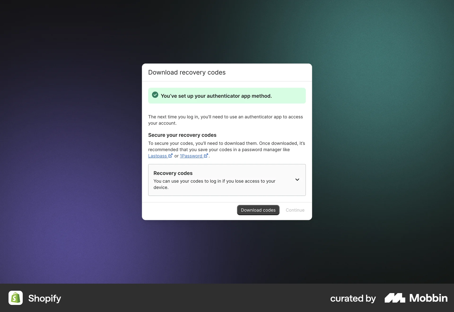 Shopify Recovery Code Take Shopify Web Recovery Codes | Mobbin