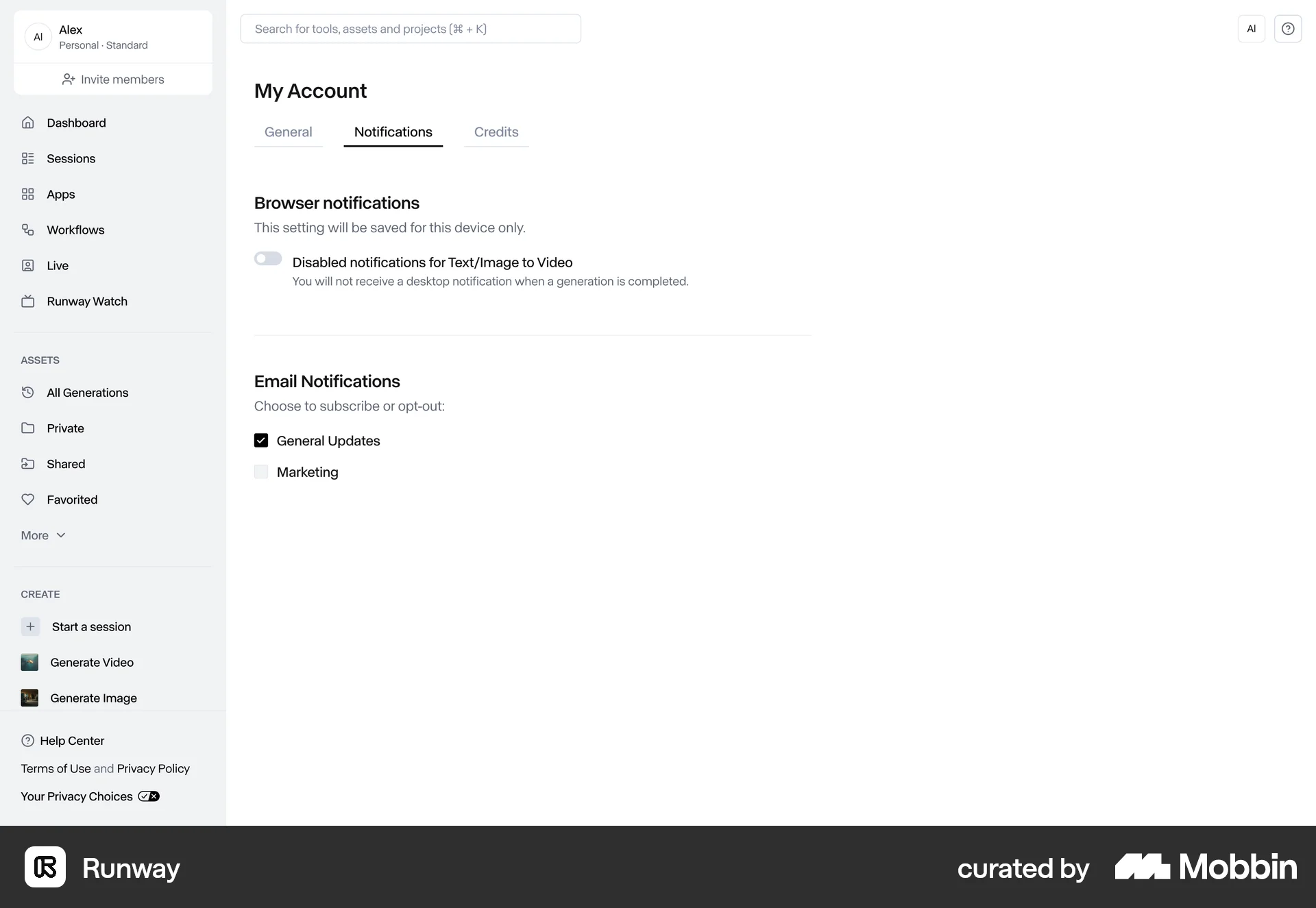 Runway Web screen containing Switch UI element