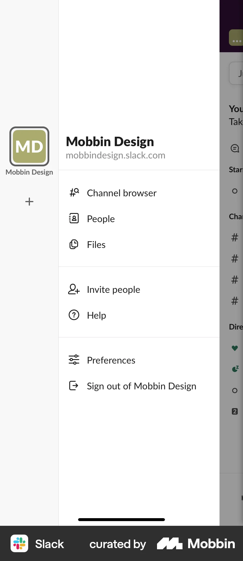 Slack iOS screen containing Side Navigation UI element