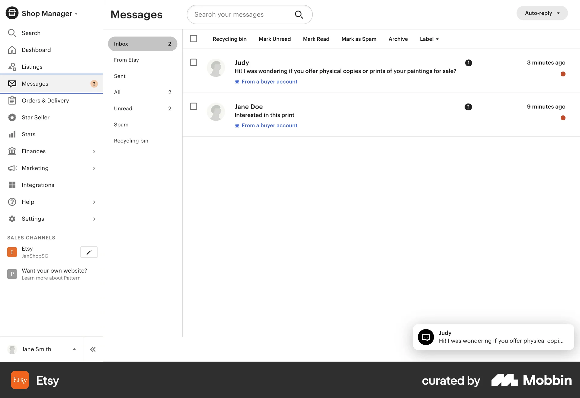 Etsy Web Emails & Messages screen