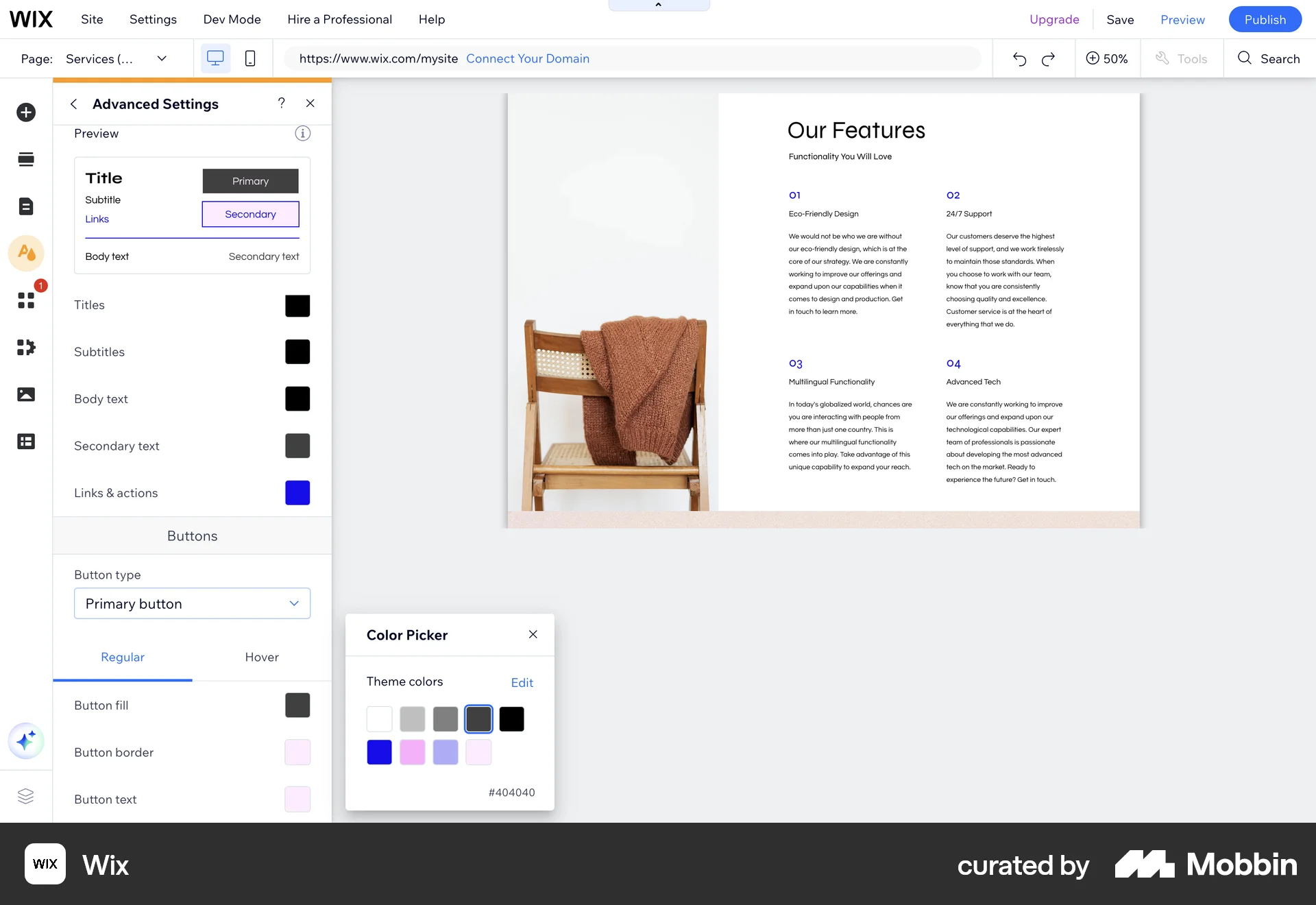Wix Web screen containing Color Picker UI element
