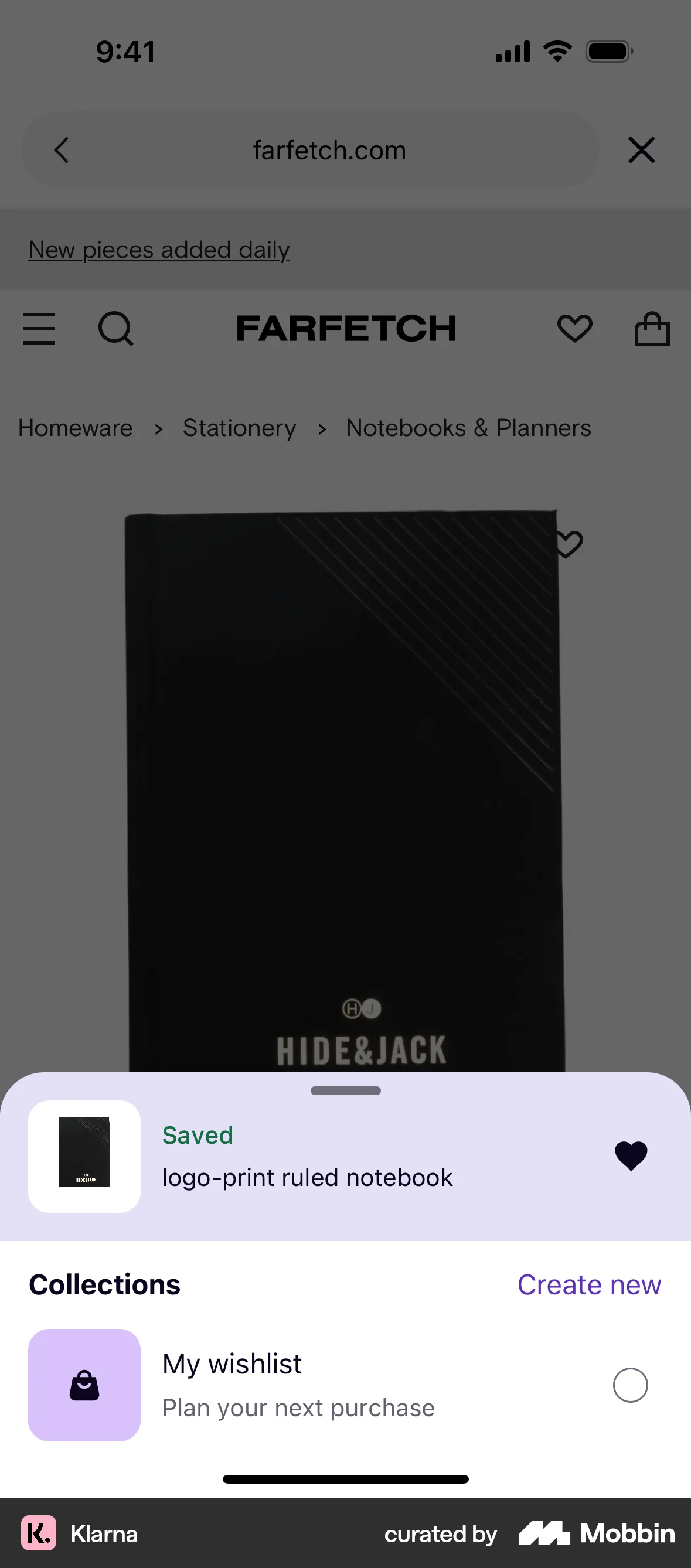 Klarna iOS Favorite & Pin screen