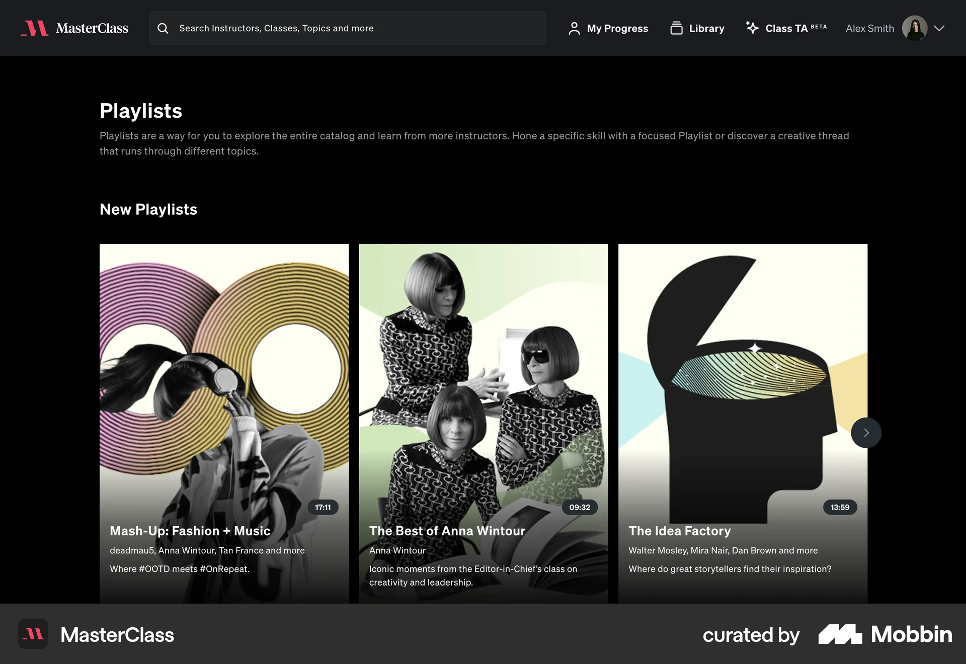 MasterClass Web Playlists screen