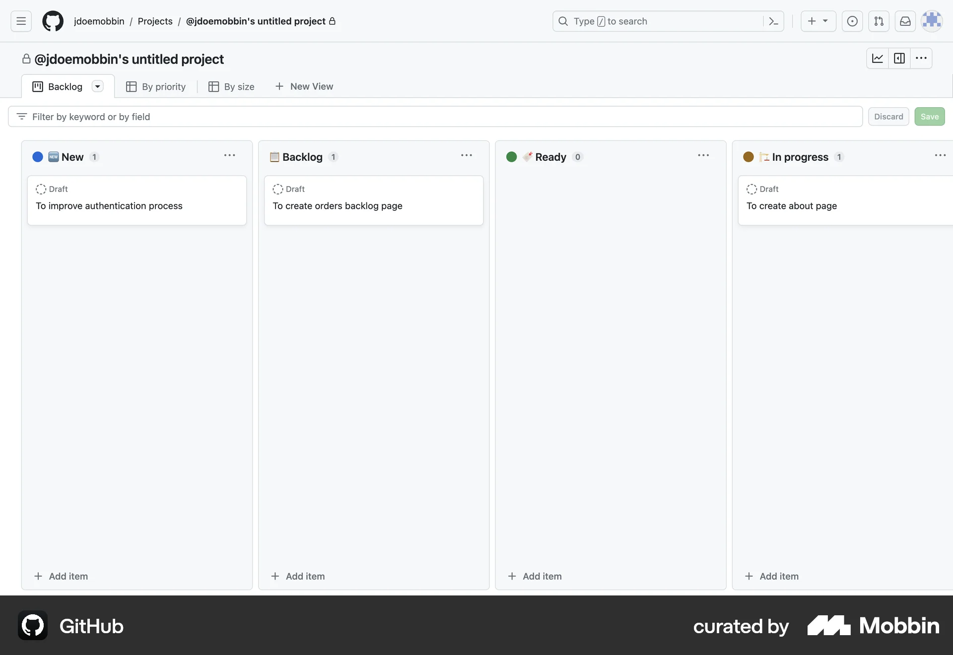 GitHub Web Kanban Board screen