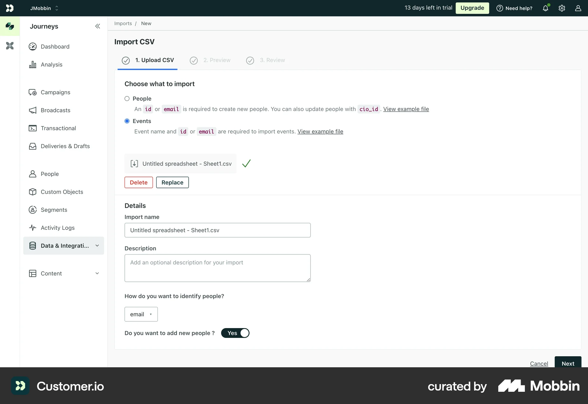 Customer.io Web Import & Export screen
