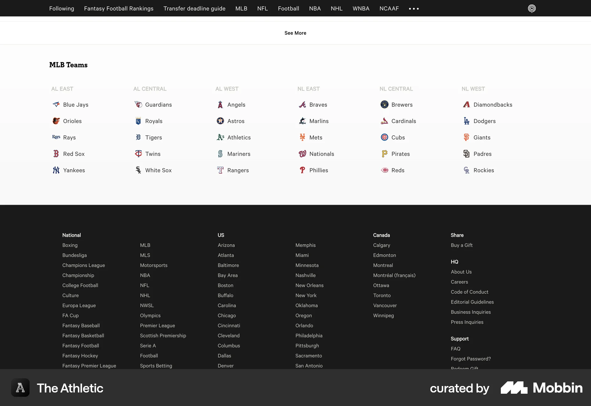 The Athletic Web News Feed screen