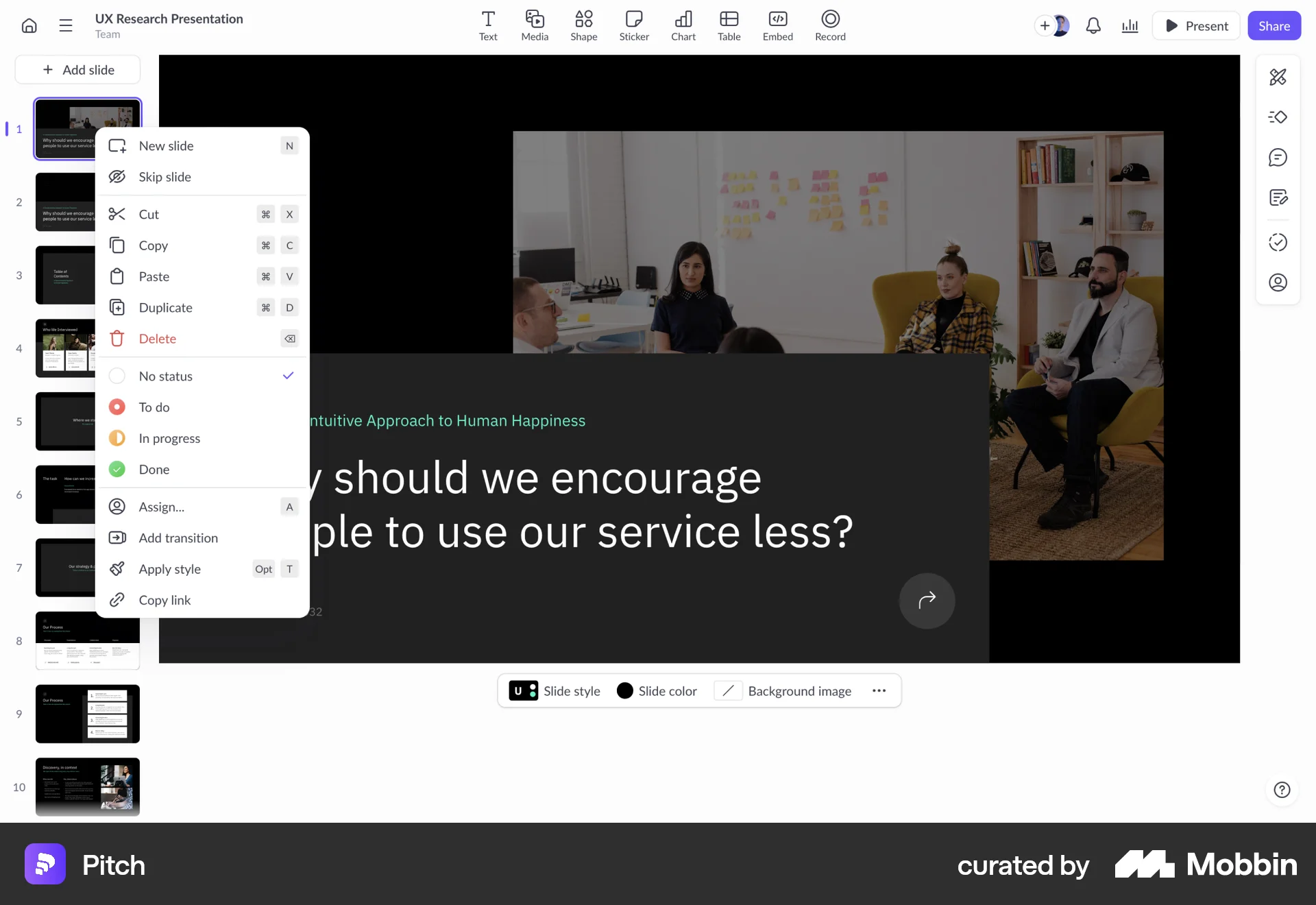 Pitch Web screen containing Context Menu UI element