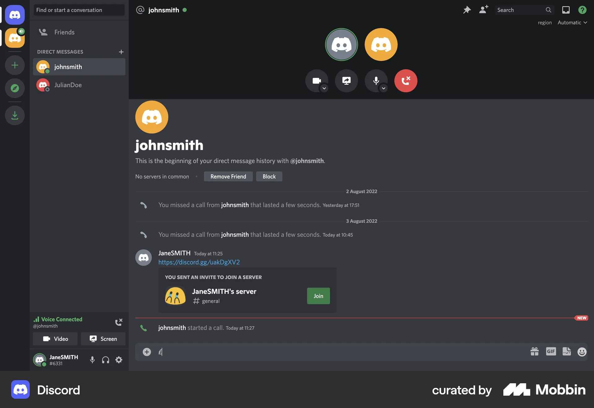 Discord Web screen containing Side Navigation UI element