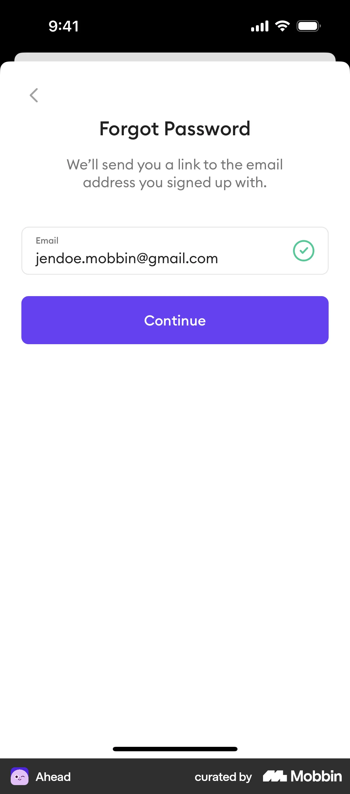 Ahead iOS Forgot Password screen
