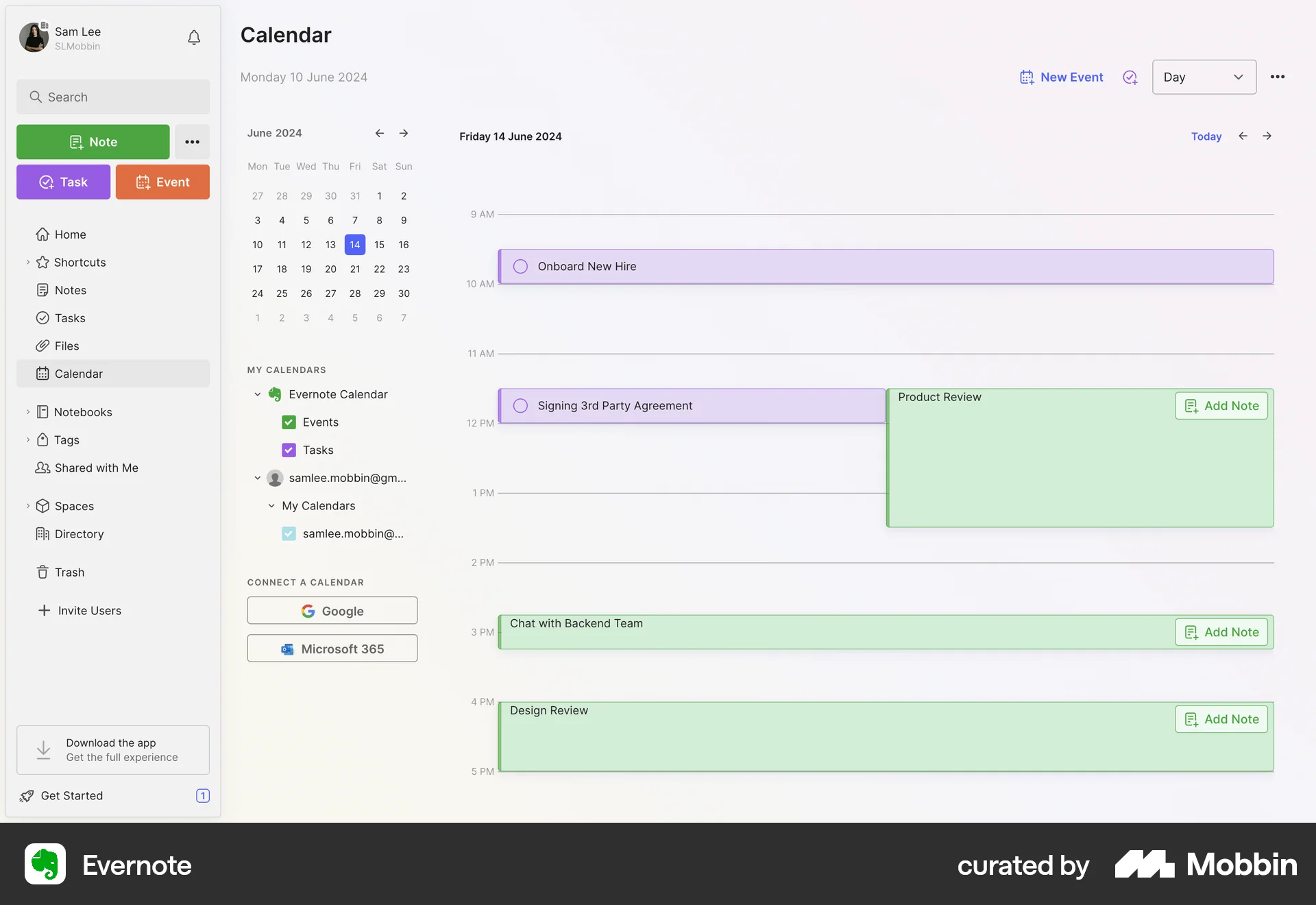 Evernote Web Calendar screen