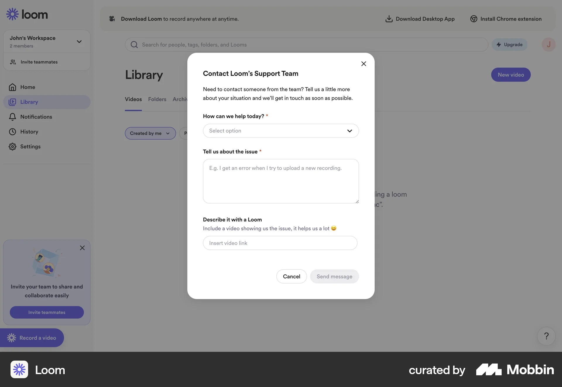 Loom Web Other Action screen