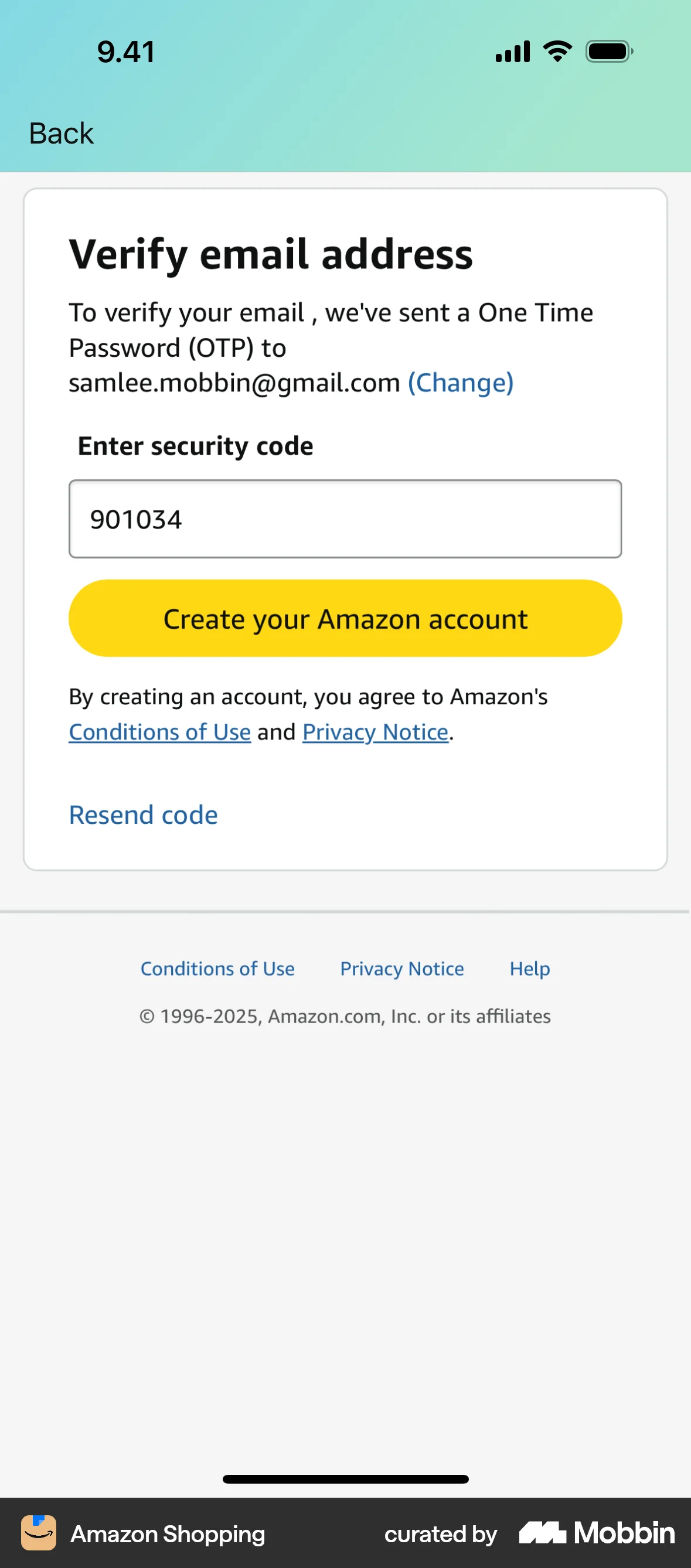 Amazon Shopping iOS Verification screen