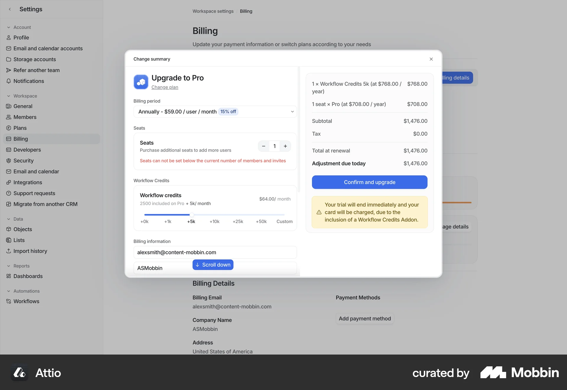 Attio Web Checkout screen