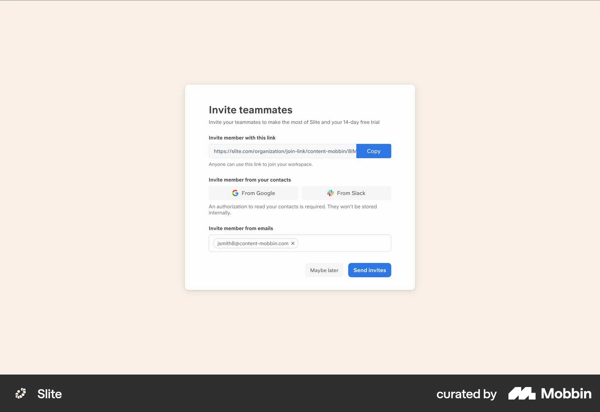 Slite Web Invite Teammates screen